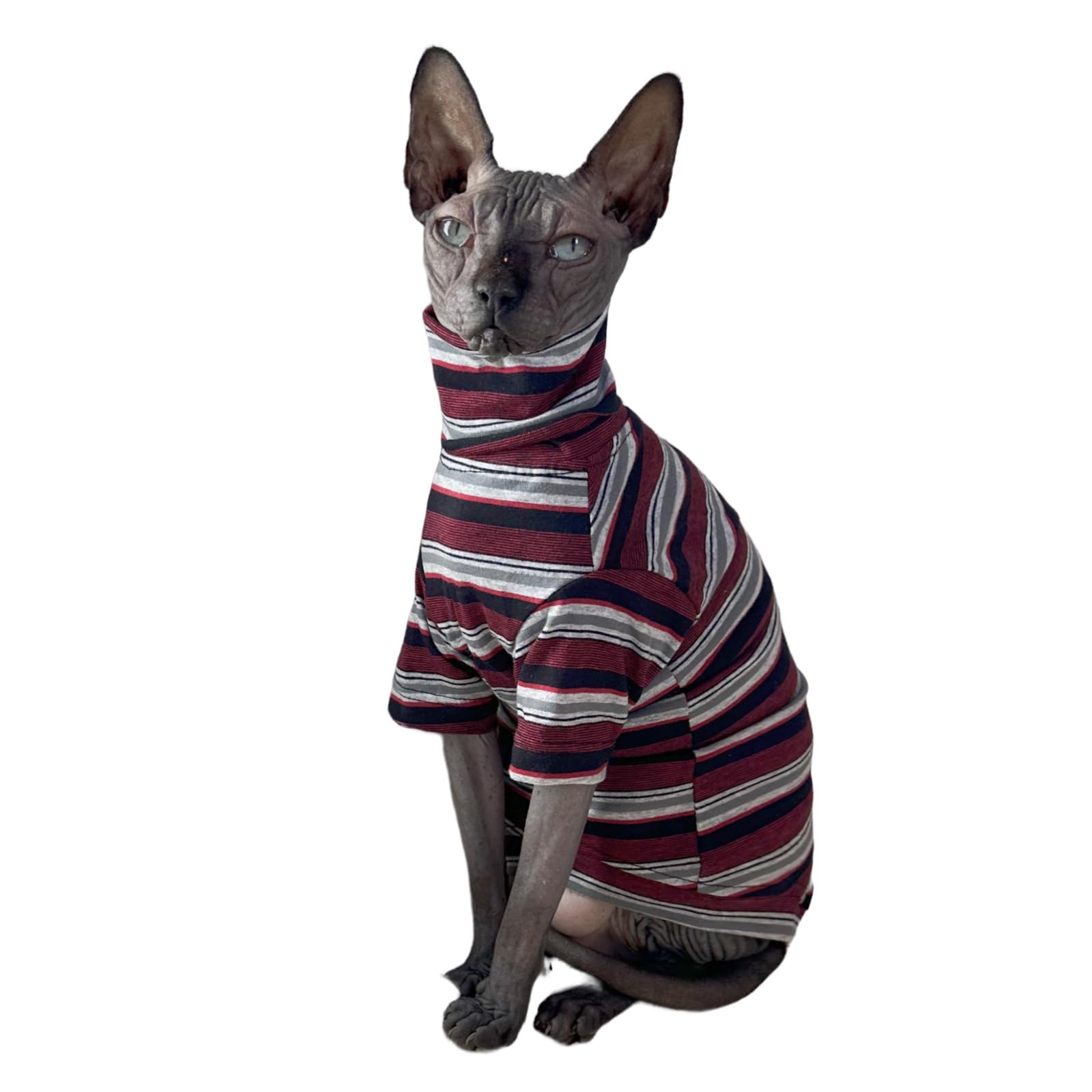 Vintage Stripes Sphynx Hairless Cats Shirt Cotton Cat Turtleneck Pet Clothes Kitten T-Shirts With Sleeves For Sphynx Cats (Old S