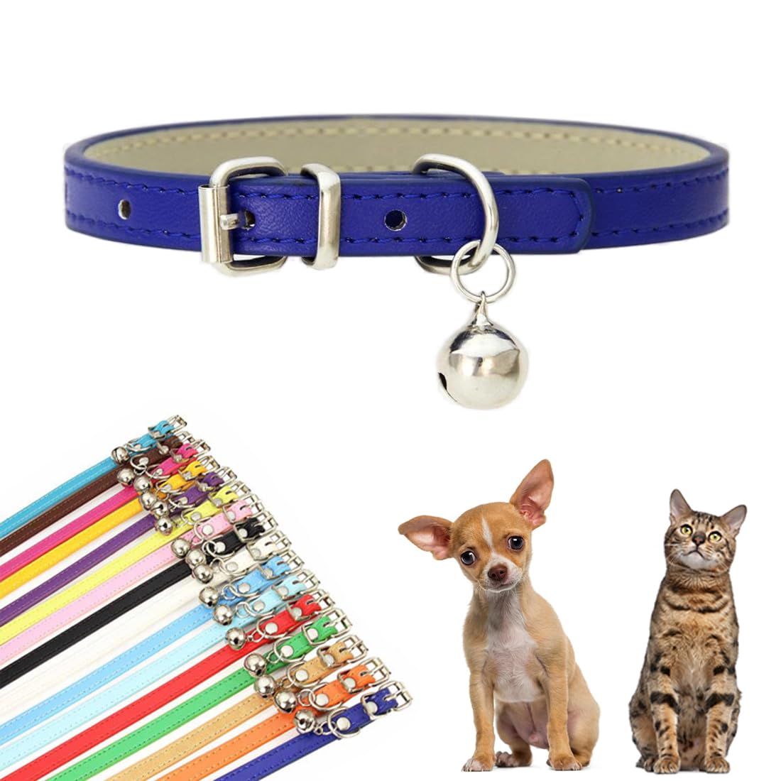 Blue Small Dog Collar with Bells, Faux Leather Puppy Collar with Bells Pu Basic Boy Dog Collars for XXS XSmall Small Medium Pet 