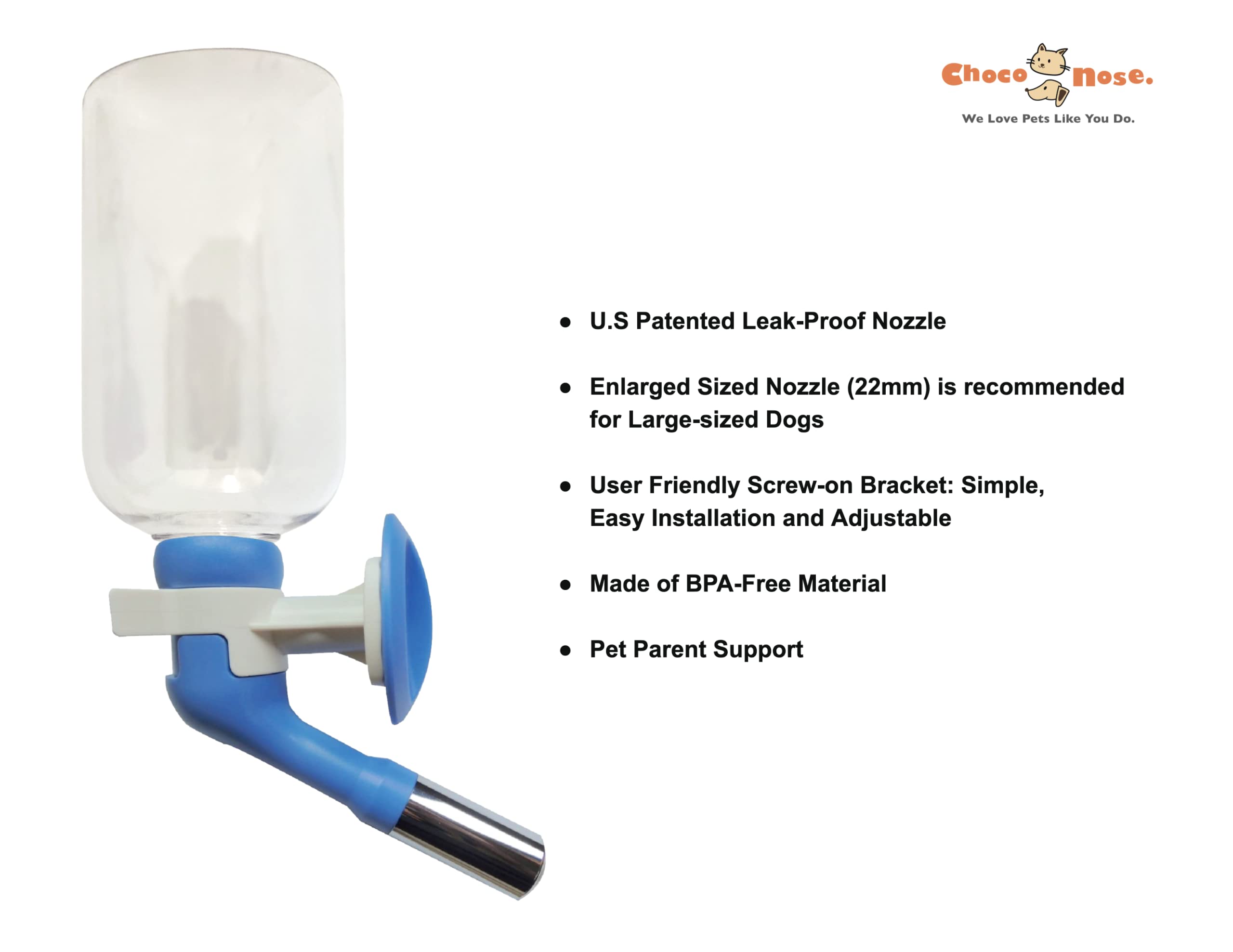 Choco Nose Patented Large No-Drip Water Bottle/Feeder Only For Large Size Dogs Over 50 Lbs - For Wire Cages, Crates Or Kennels. 16 Oz. X-Large Nozzle 22Mm, Blue (C570)