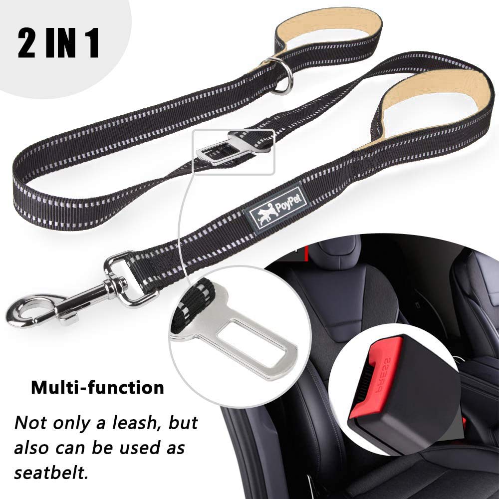 Poypet 5 Feet Dog Leash - Reflective - 2 Cushioned Handles - Functional Car Seat Belt (Khaki)