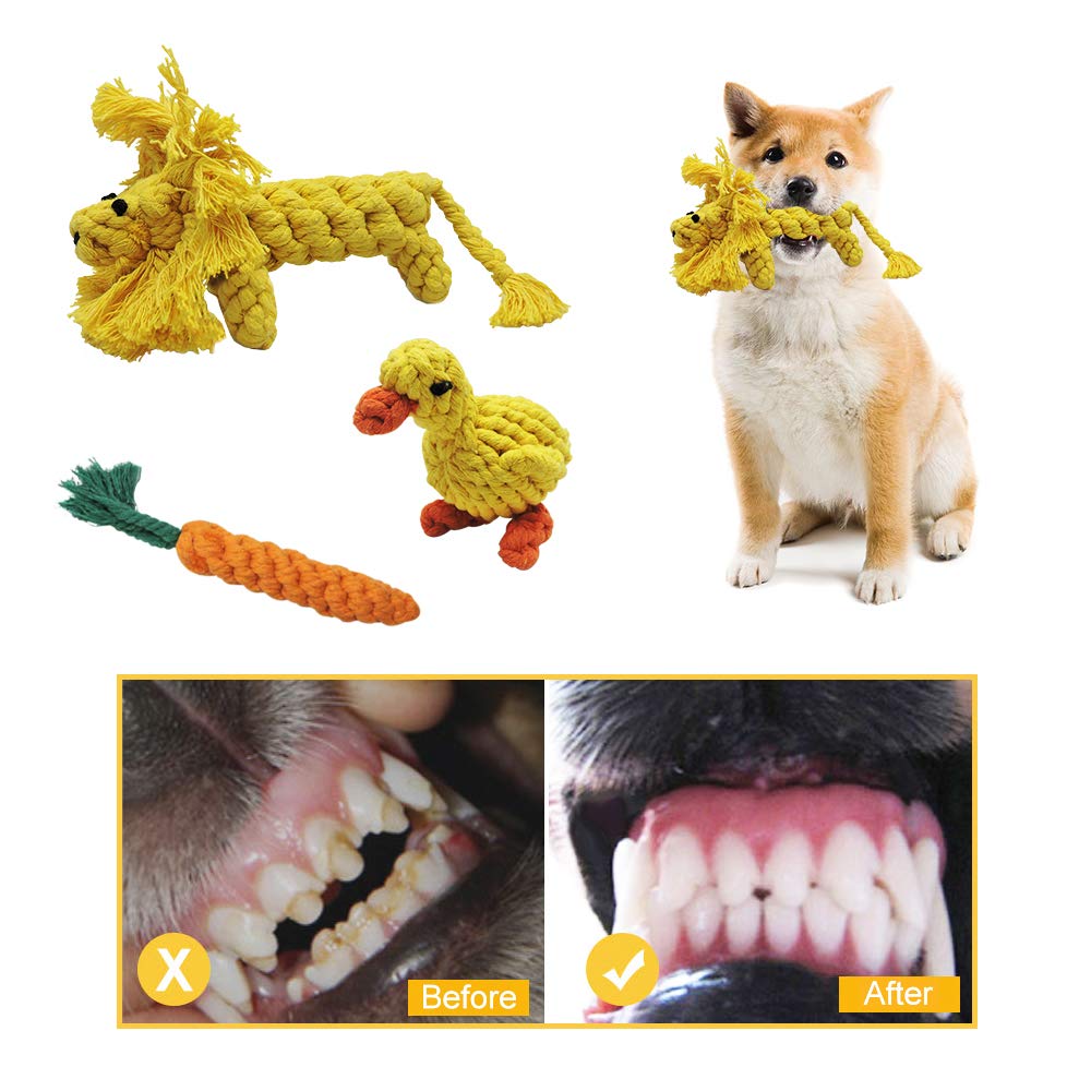 Andiker Dog Chewing Toys - 3PCS Cotton Rope Puppy Teething Cleaning and Training Durable Dog Plush Toys Lion&Carrot&Duck Toy for