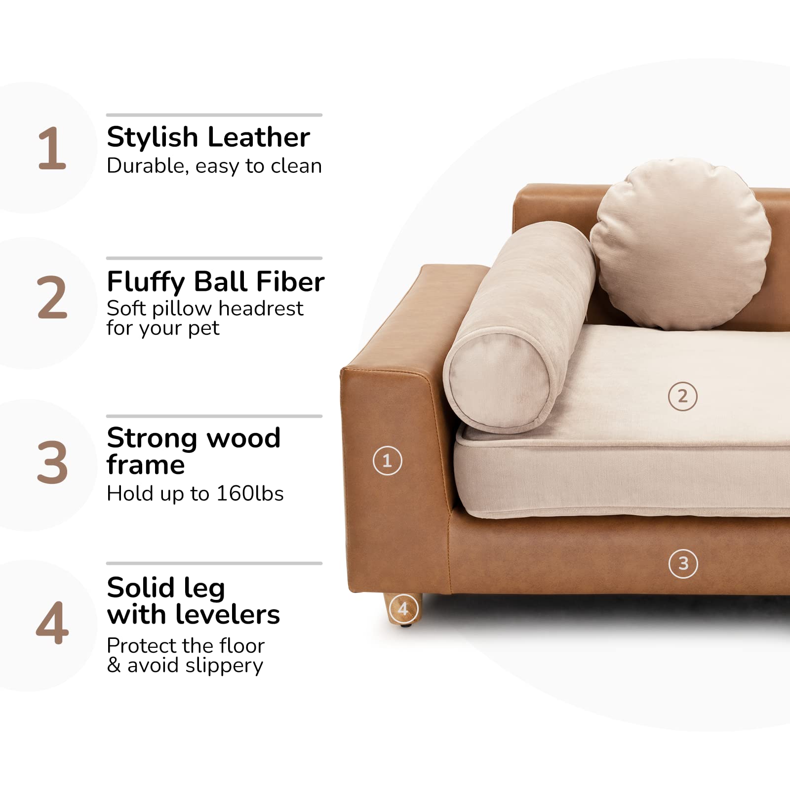 Dcee Luxury Dog Sofa Bed, Luxury 42'' Leather Pet Couch For Large Dogs, Washable Velvet Cushion, Sturdy Wooden Frame, Anti-Slip