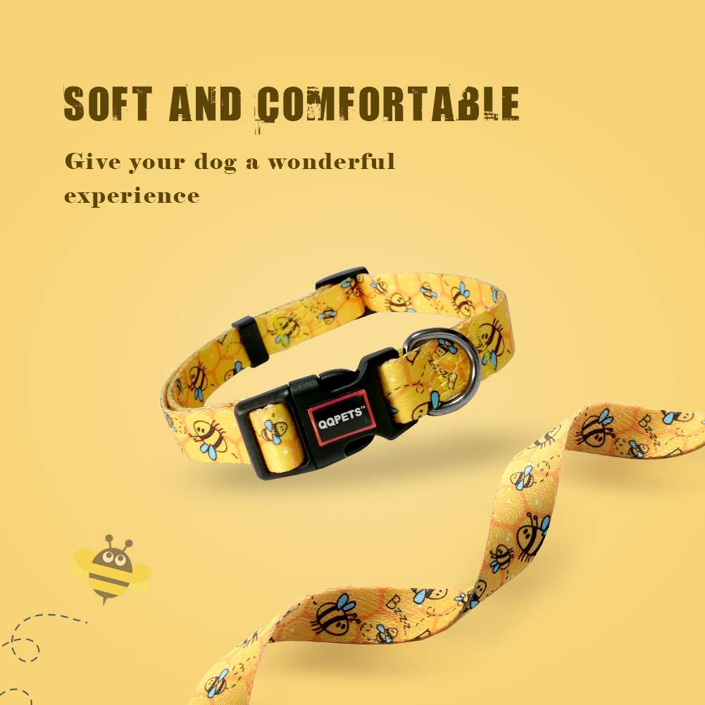 Qqpets Adjustable Soft Dog Collar: Print Flower Pink Multicolor Cute Patterns For Xs Small Medium Large Pet Girl Boy Puppy Walking Running Training (Xs, Yellow Bee)