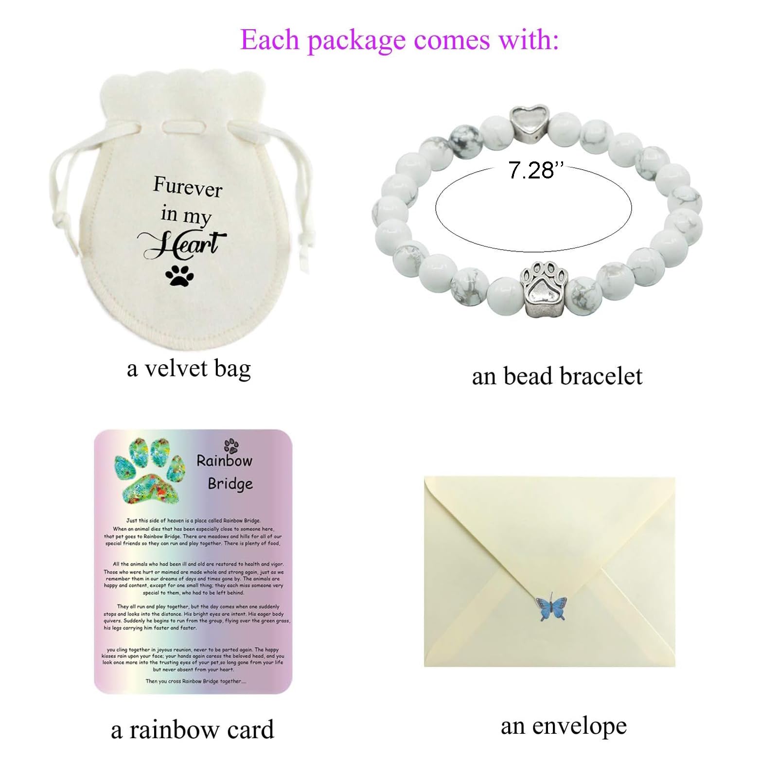 RedSum Pet Memorial Bracelet - 8 Inch White Turquoise Jewelry with Rainbow Bridge Card for Dog Cat Loss Gifts