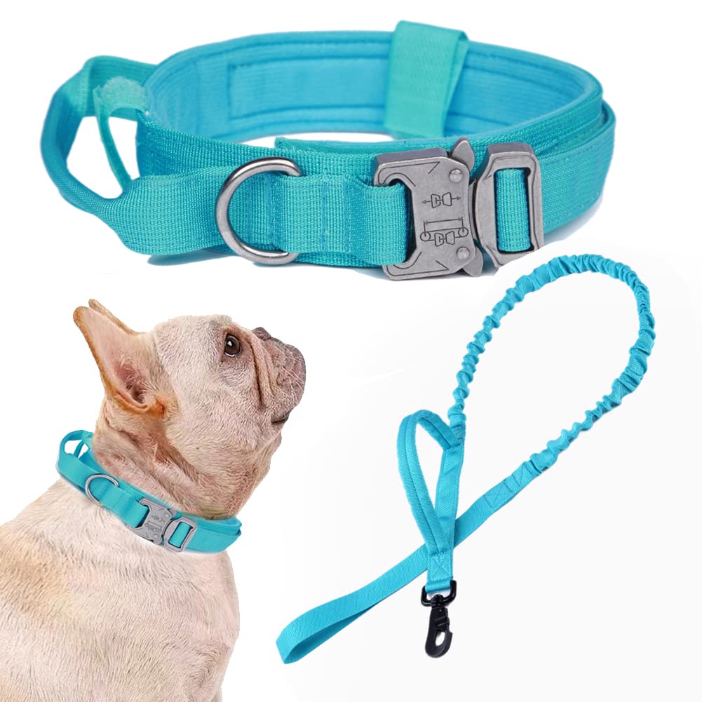 Tactical Dog Collar And Leash Set Tactical Dog Collar With Handle Bungee Leash Adjustable Military Training Nylon Collar Dog Training Collar Leash Set With Control Handleand Metal Buckle(Blue S