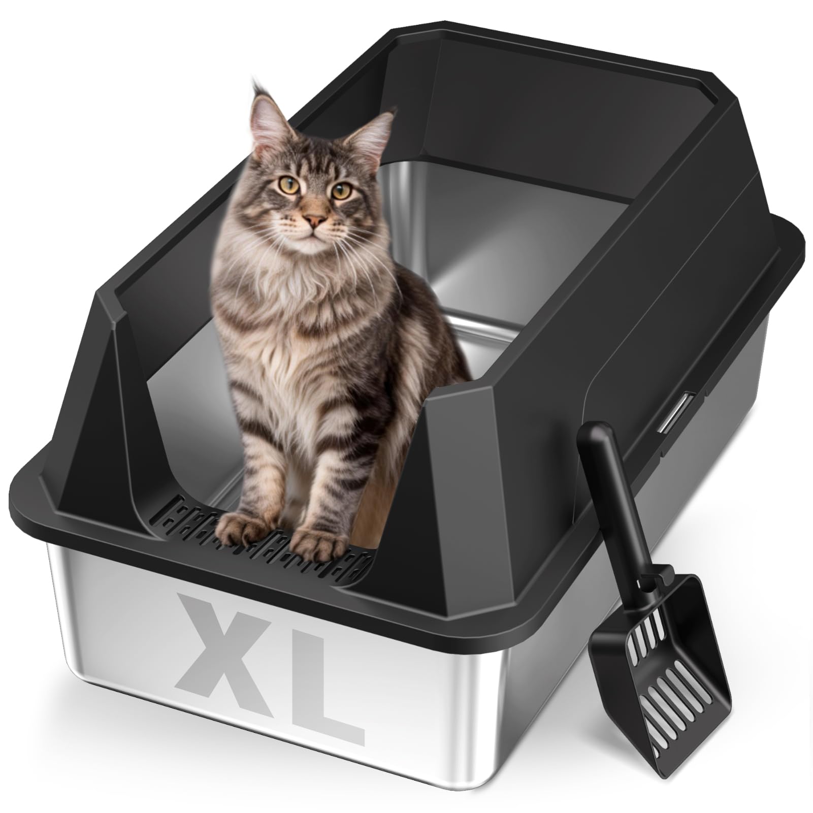 TEVILA Stainless Steel Litter Box with High Sides Lid, XL High Sided Cat Litter Pan, Open Top Extra Large Metal Cat Litter Box, 