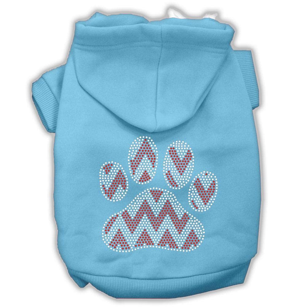 Christmas Pet, Dog & Cat Hoodie Rhinestone, 'Candy Cane Chevron Paw' Baby Blue Xs (0-3 Lbs.)