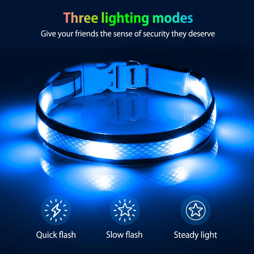 Illumifun Led Dog Collar, Usb Rechargeable Light Up Dog Collar, Reflective Sfety Collar Light Glow In The Dark (Medium, Light Bl