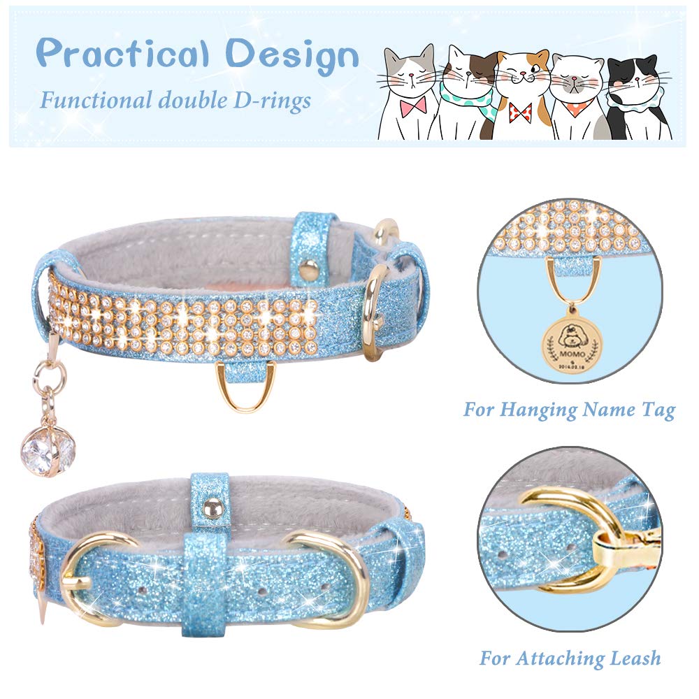 Petshome Cat Collar, Dog Collar, [Bling Rhinestones] Premium Pu Leather With Pendant Adjustable Collars For Big Cat And Small To Medium Dog Small Blue