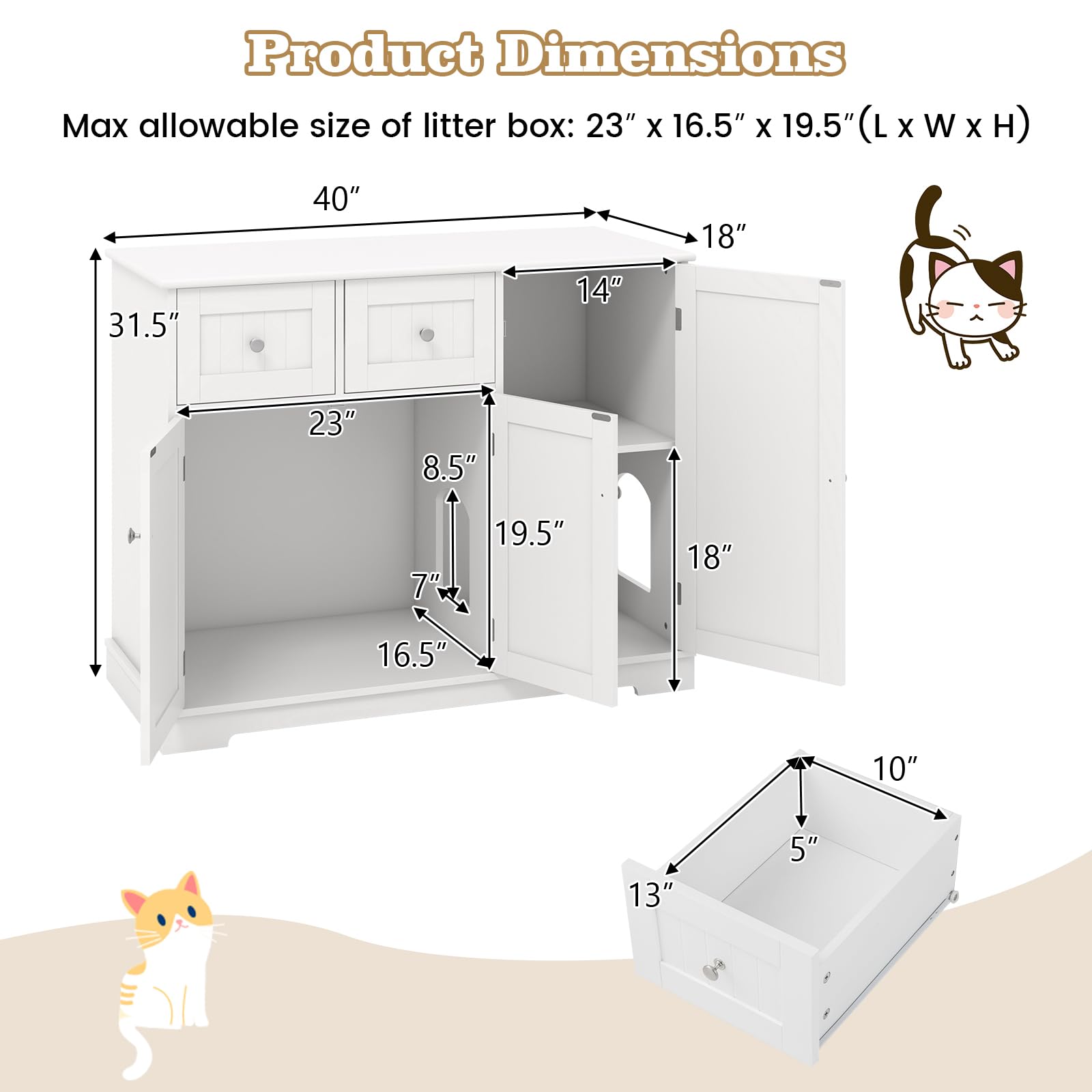 PETSITE White Cat Litter Box Enclosure, Modern Hidden Litter Box Furniture Side Cabinet with 2 Drawers, 3 Doors, and Anti-toppli