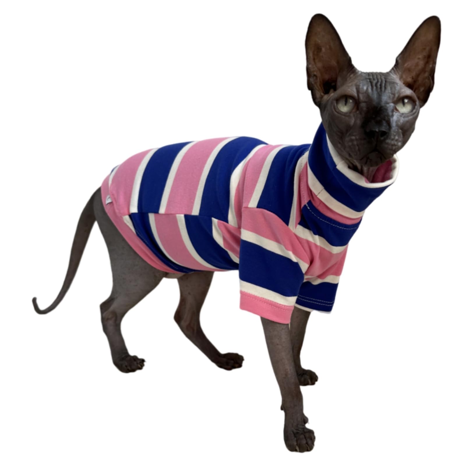 Vintage Stripes Sphynx Hairless Cats Shirt Cotton Cat Turtleneck Pet Clothes Kitten T-Shirts With Sleeves For Sphynx Cats (Wide