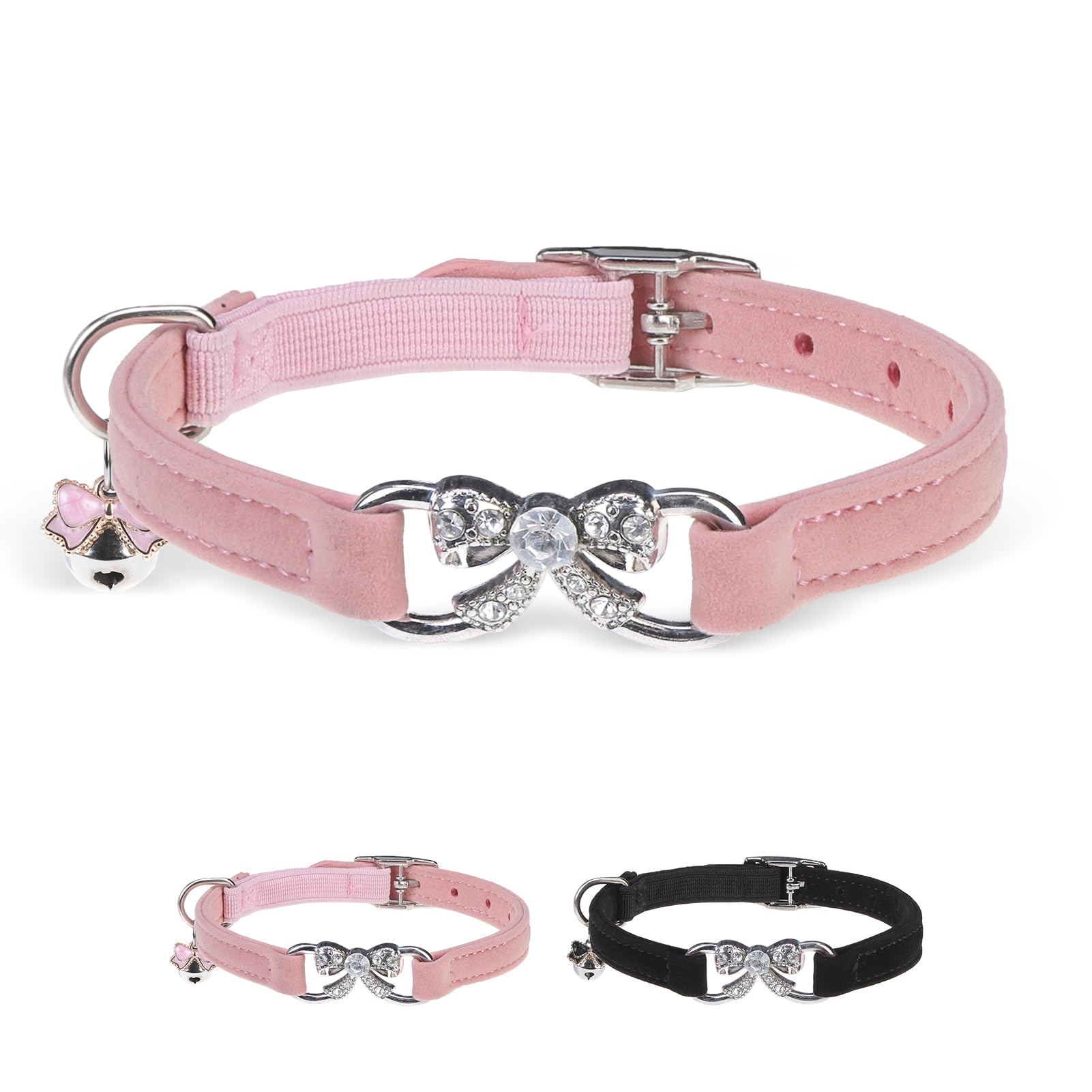 Bingpet Bling Cat Collar With Bells And Safety Belt,Adjustable Soft Velvet Kitten Collar With Diamond Bow,Cute Pink Cat Collars 
