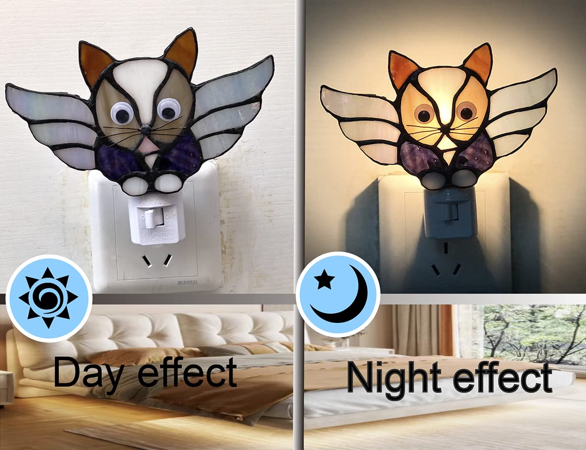 Duonayu Stained Glass Cat Night Light, Cats Decorative Night Light, Pet Commemorative Gift, Love Cats (Dym9005) (Grey)