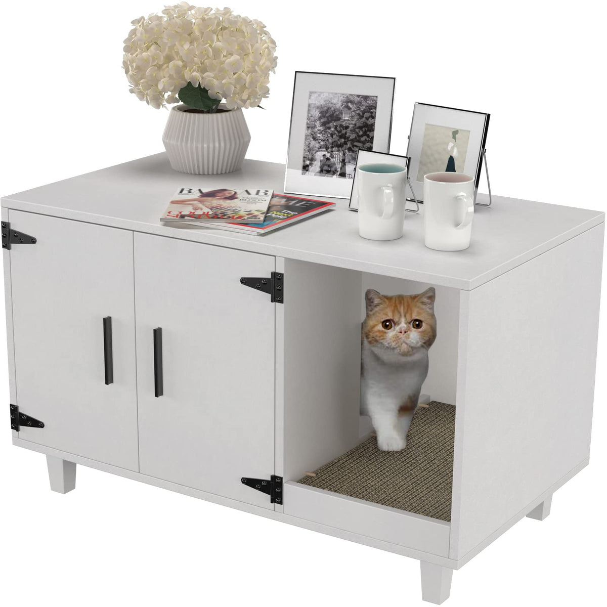 Gdlf Modern Wood Pet Crate Cat Washroom Hidden Litter Box Enclosure Furniture House As Table Nightstand With Scratch Pad,Stackable (White)