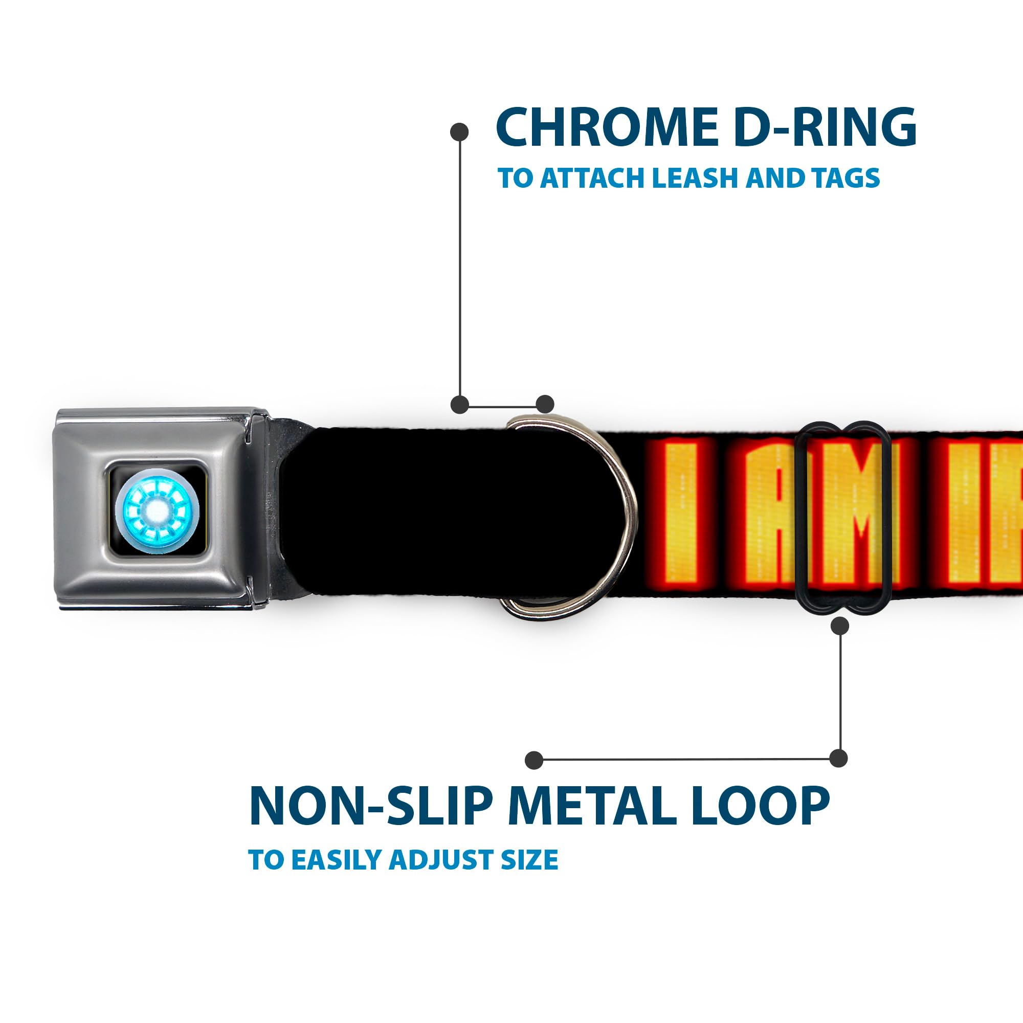 Buckle-Down Seatbelt Buckle Dog Collar - Iron Man Face/I Am Iron Man Black/Yellow Glow - 1'' Wide - Fits 9-15'' Neck - Small