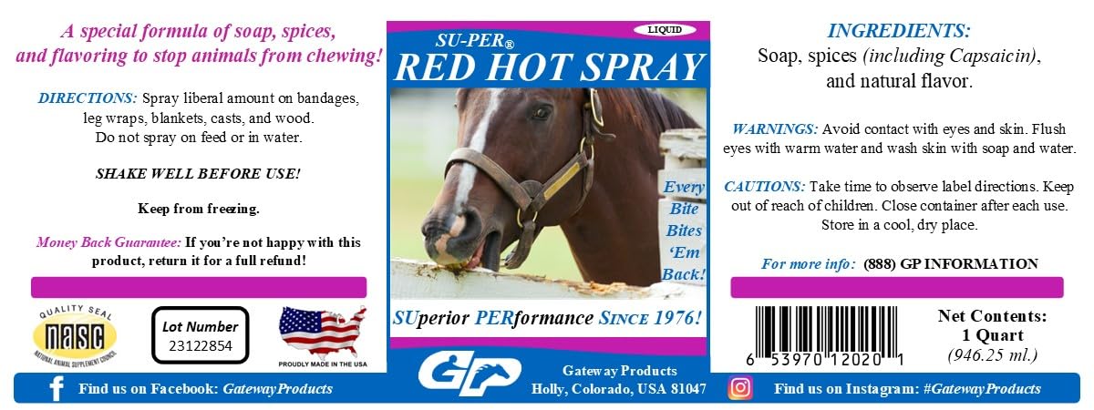 SU-PER Red Hot Spray Chewing Deterrent - Horse Anti Chew Liquid Pepper Spray - Stops Horses from Chewing and Cribbing - 1 Quart,