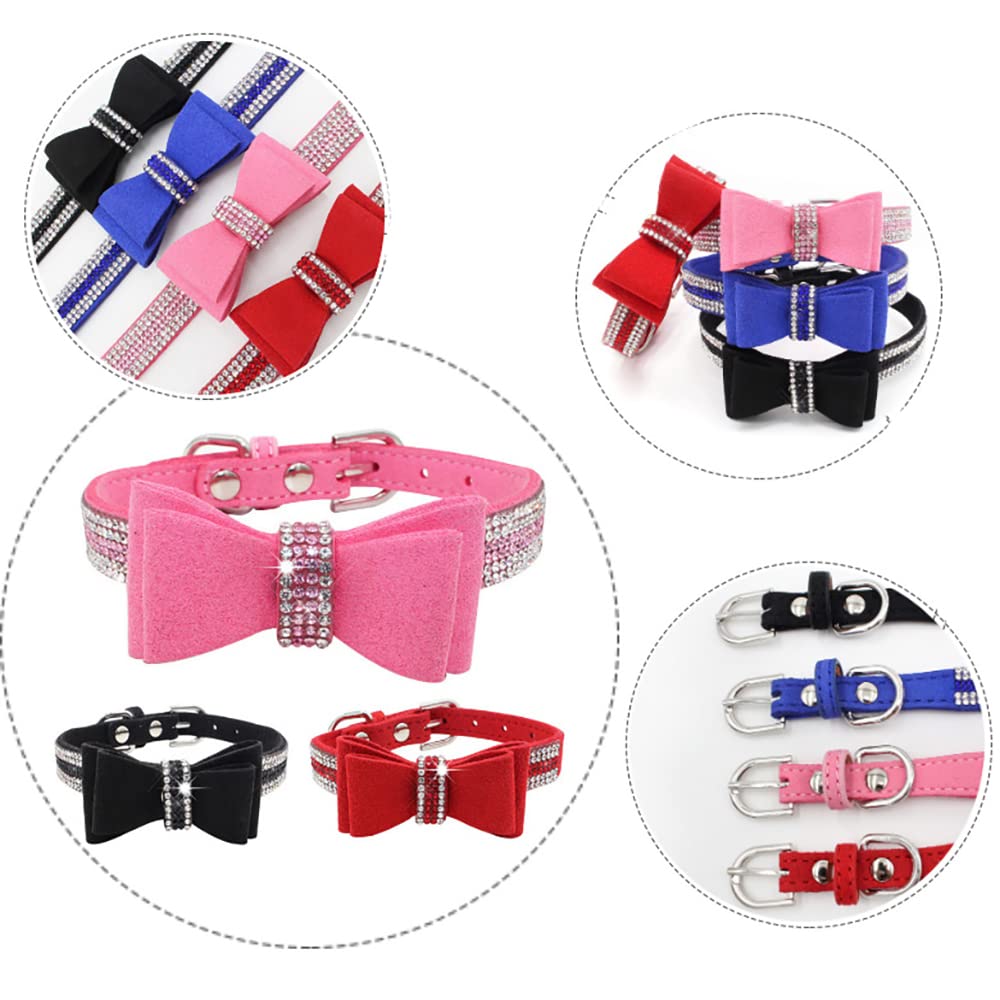 Small Dog Collar Puppy With Rhinestone Bow Knot Crystal Diamond Colorful Bling Girl Puppy Cat Collars Pink M