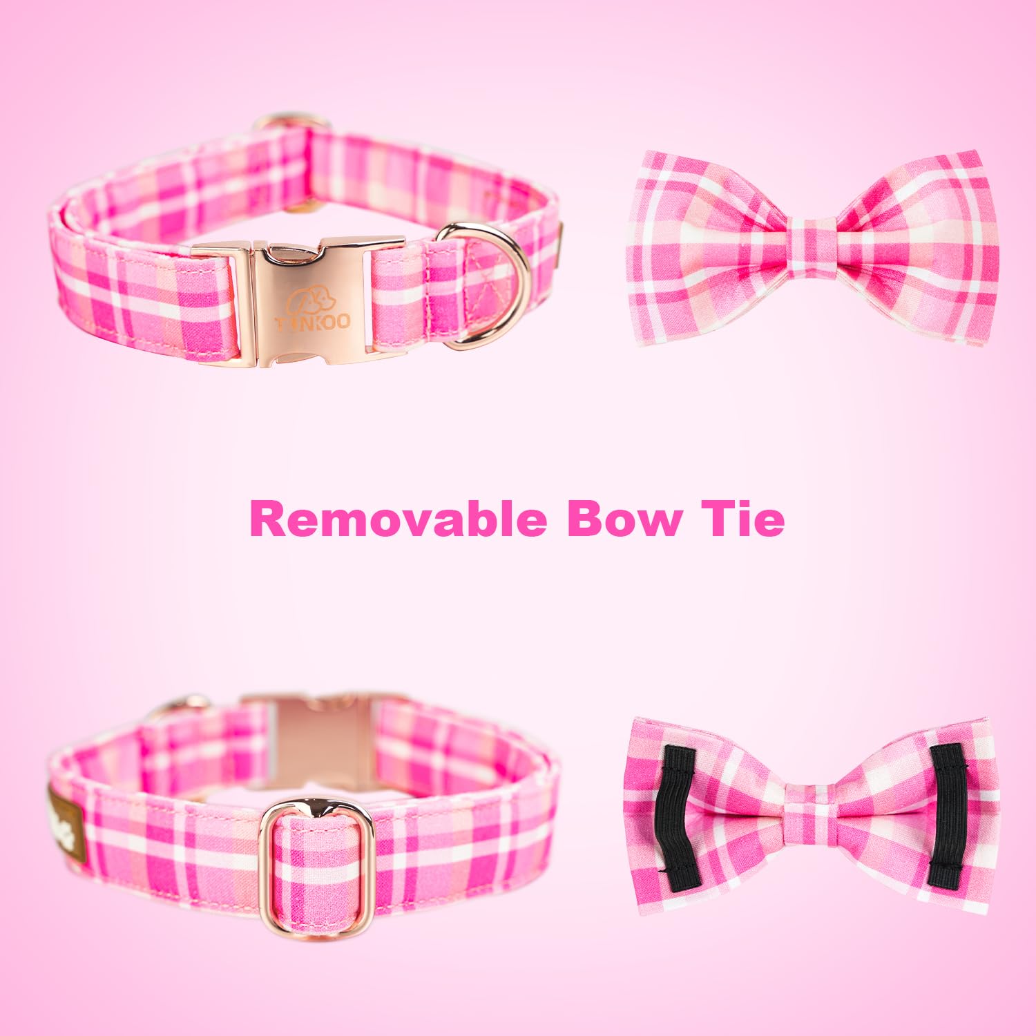Tunkoo Dog Collar Super Cute Pink Plaid With Bow Tie - Durable Adjustable And Stylish Cotton Pet Collar For Girls Small Medium L