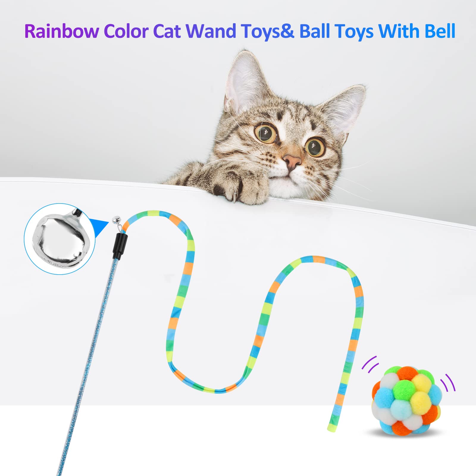Tusatiy 3-Pack Cat Wand Toy With Fuzzy Balls, Bells & Springs - Rainbow Color Interactive Toys For Indoor Cats And Kittens (Rain