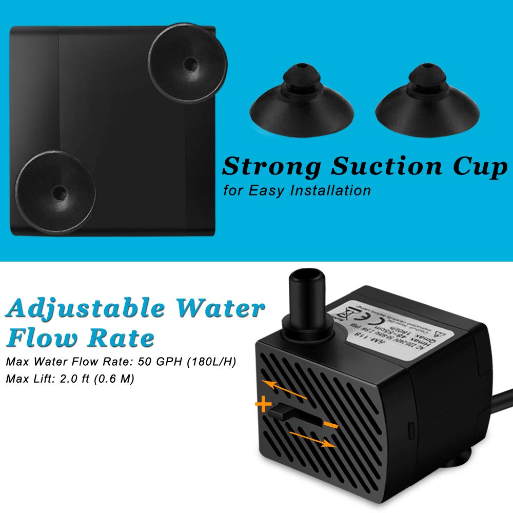 DOMICA Mini Submersible Water Pump 3W 50GPH for Aquariums, Fountains, Black