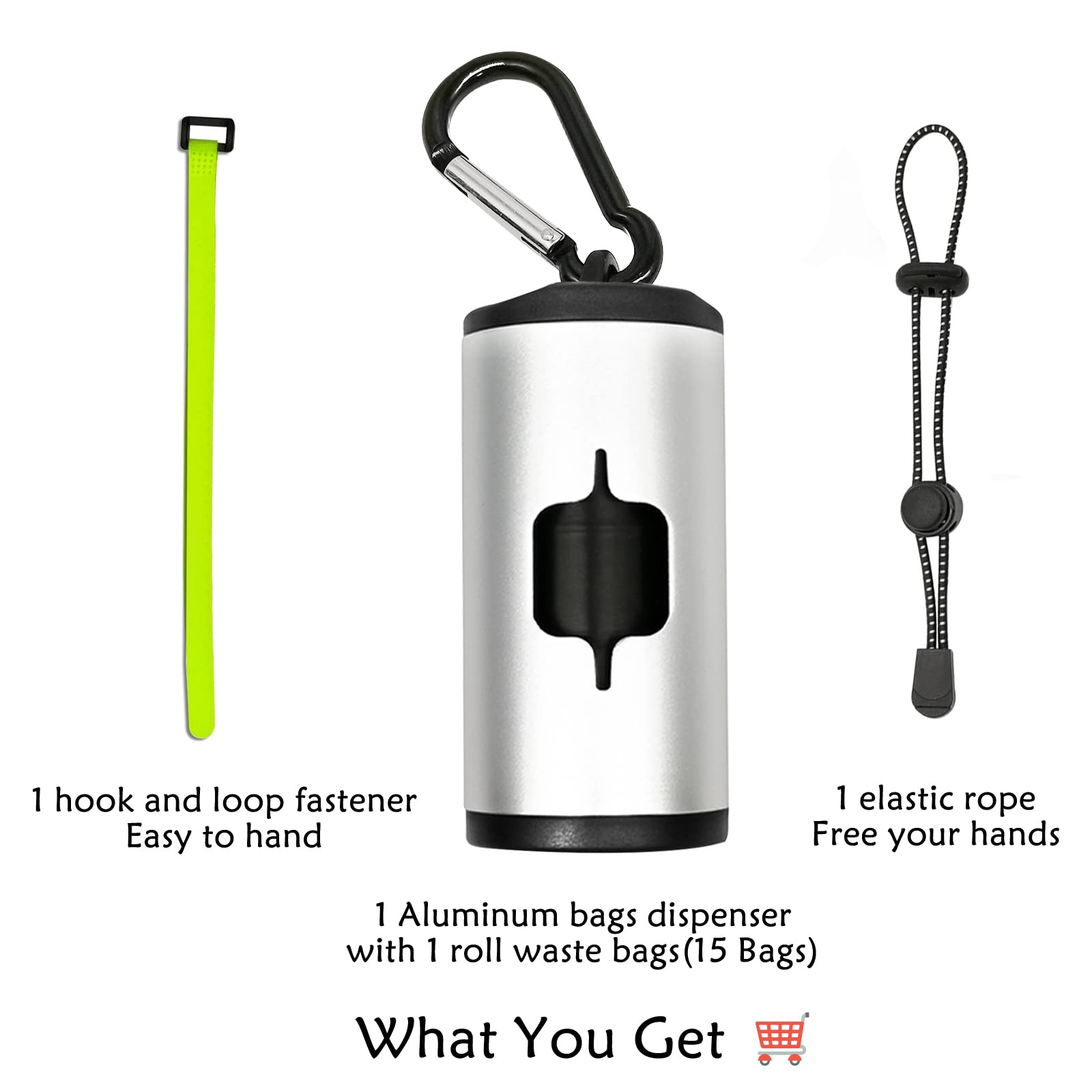 Yuchiya Aluminum Dog Poop Bags Holder With Carabiner Metal Pet Waste Bags Dispenser With Hook And Loop Fastener And Elastic Cord To Carry Used Bags(Silver, 2 Holder 30 Bags)