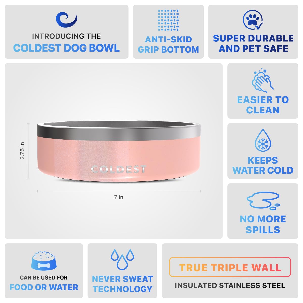 Coldest Dog Bowl - Anti Rust Metal, Non Slip, 3 Layers Insulated Stainless Steel Dog Bowls - Spill Proof & Heavy Duty - Water Bo