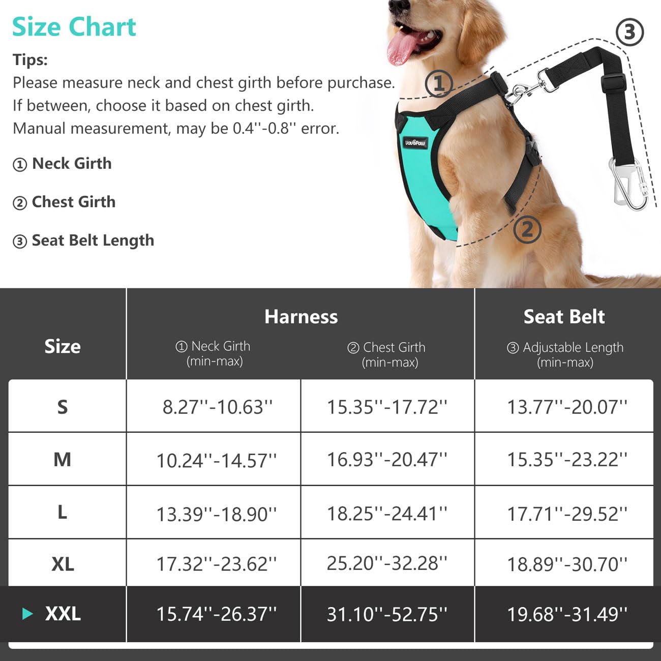 Vavopaw Dog Vehicle Safety Vest Harness, Adjustable Soft Padded Mesh Car Seat Belt Leash Harness With Travel Strap And Carabiner For Most Cars, Xxl Size, Blue