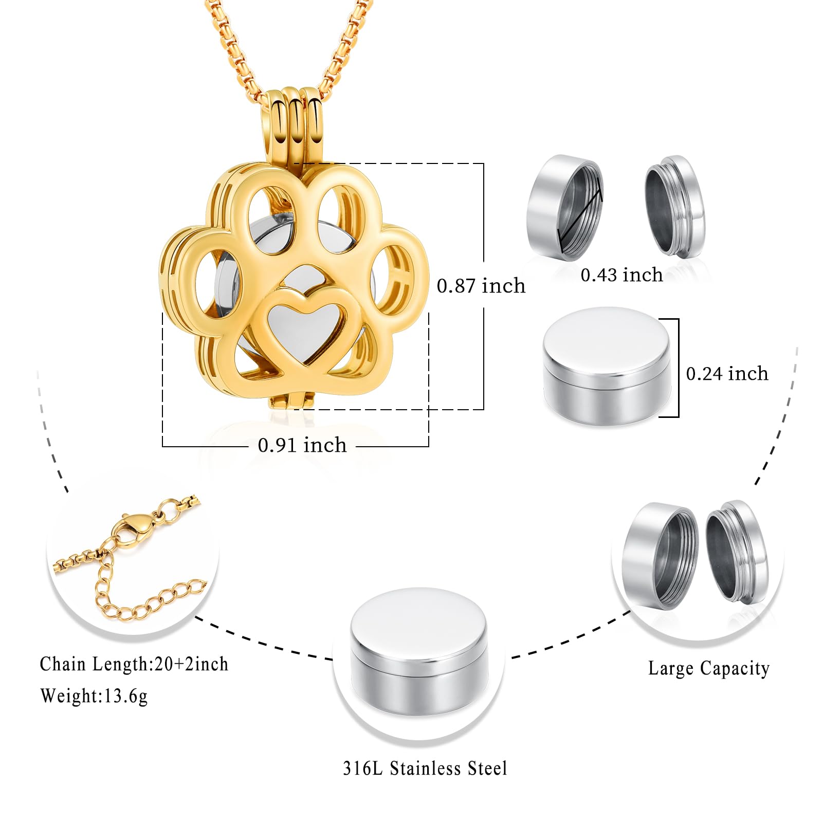 Oinsi Pet Cremation Jewelry For Ashes For Dog/Cat Paw Stainless Steel Memorial Locket Urn Necklace Inside Mini Case Keepsake Cremation Jewelry Women Men (Gold With Silver)