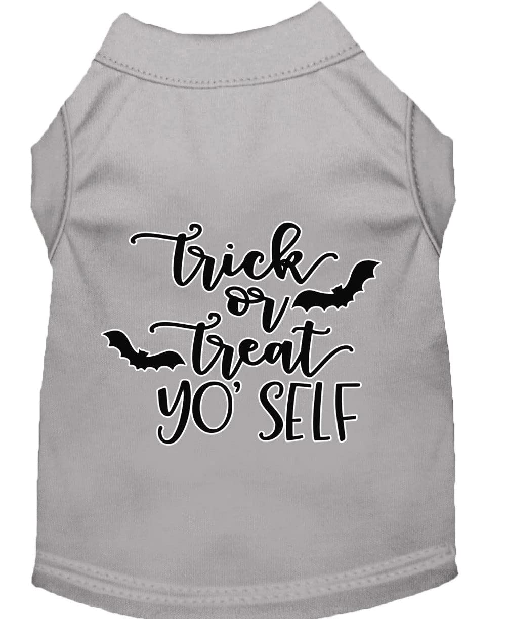 Halloween Pet Dog & Cat Shirt Screen Printed, &quot;Trick Or Treat Yo' Self&quot; Gray MD (6-10 lbs.)