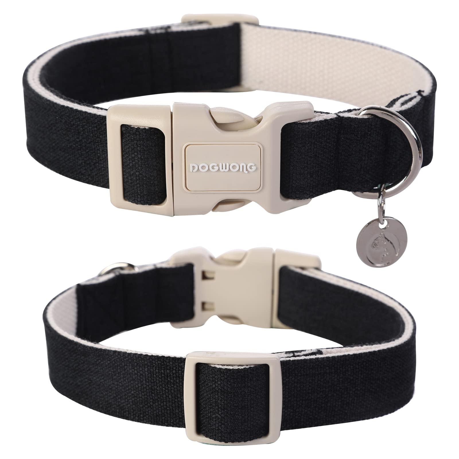 Dogwong Cotton Hemp Dog Collar, Heavy-Duty Black Dog Collar Adjustable Soft Natural Fabric Pet Cute Wedding Puppy Necklace For S