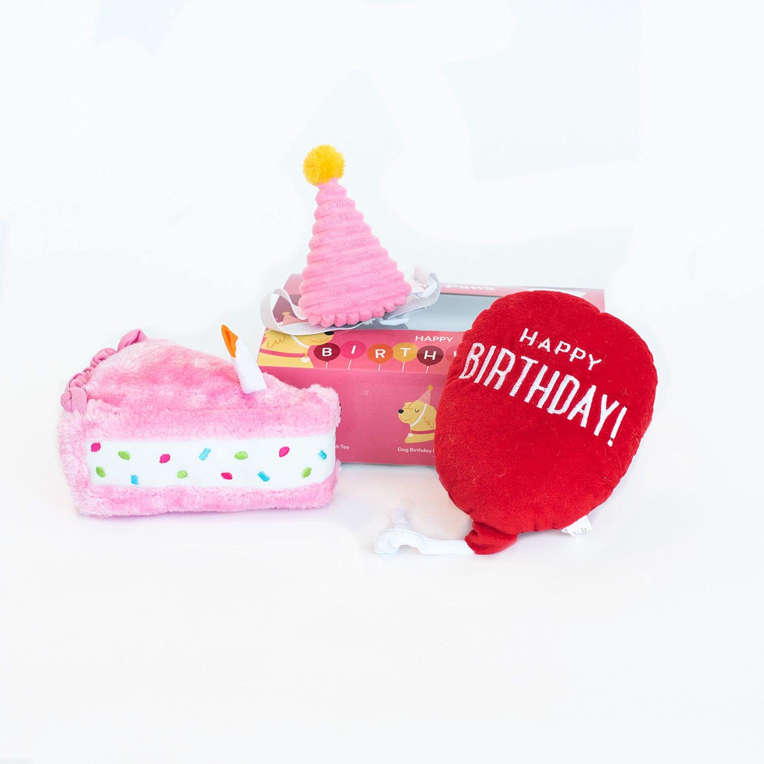 ZippyPaws - Birthday Box Gift for Dogs and Puppies - Dog Birthday Toys, Dog Birthday Cakes, Dog Squeaky Toys - 3 Pack, Pink
