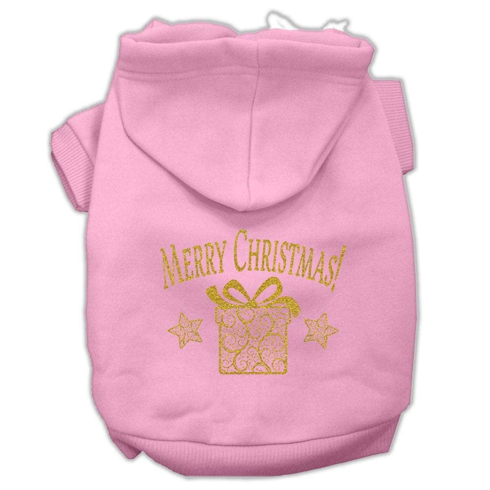 Christmas Pet Dog & Cat Hoodie Screen Printed, 'Golden Christmas Present' Light Pink Xs (0-3 Lbs.)