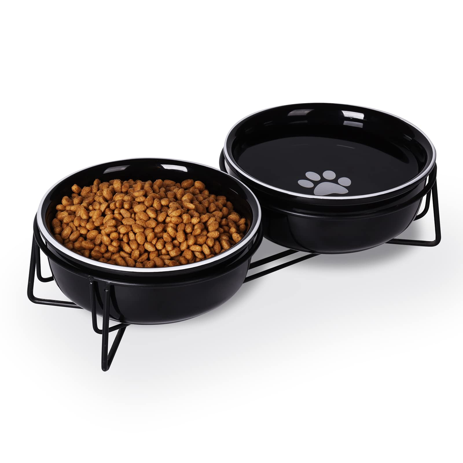 Gdcz Ceramics Raised Cat Small Dog Bowls With Heighten Metal Stand,15 Ounces (Black)