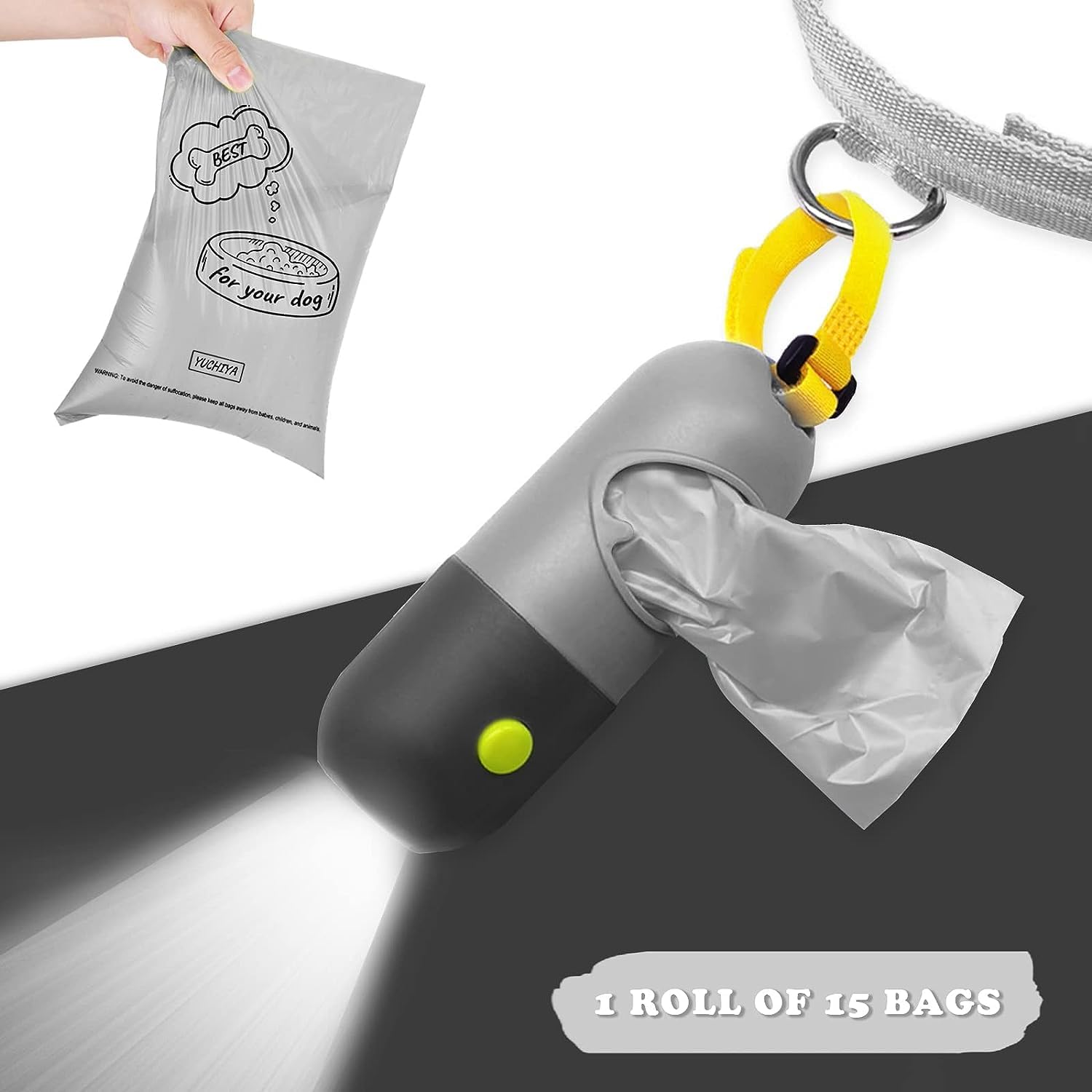 Dog Poop Waste Bags Holder With Led Flashlight|Cute Doggie Poo Bags Dispenser For Pet Leash|Trash Waste Bags Carrier With Potty Clip Fastener Lr44 Button Cells Included (Grey, 2 Holder 30 Bags)