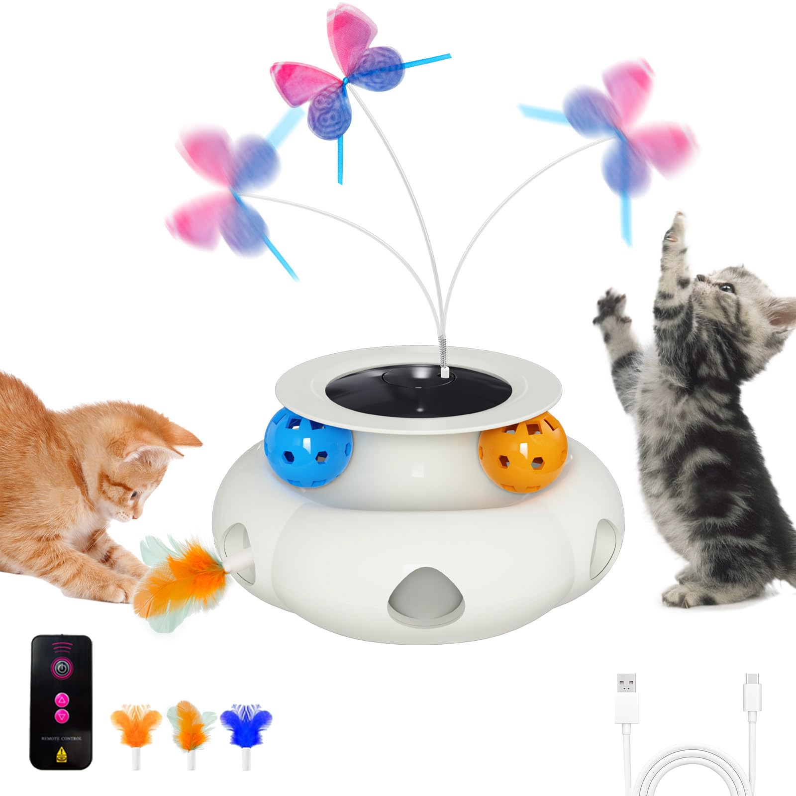 Interactive Cat Toys For Indoor Cats, 3In1 Rechargeable Pet Teaser Toy With Ambush Feather Wand, Fluttering Butterfly And Track 