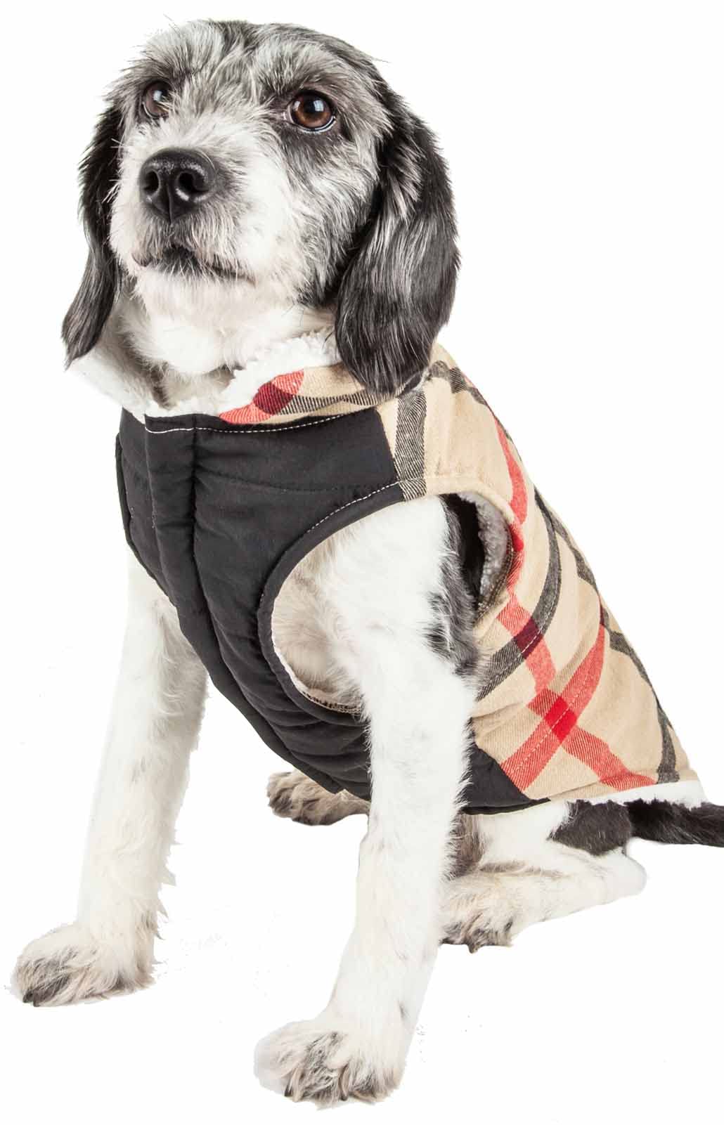 Pet Life  'Allegiance' Plaid Dog Coat - Insulated Plaid Dog Jacket with Reversible Sherpa - Winter Dog Clothes for Small Medium