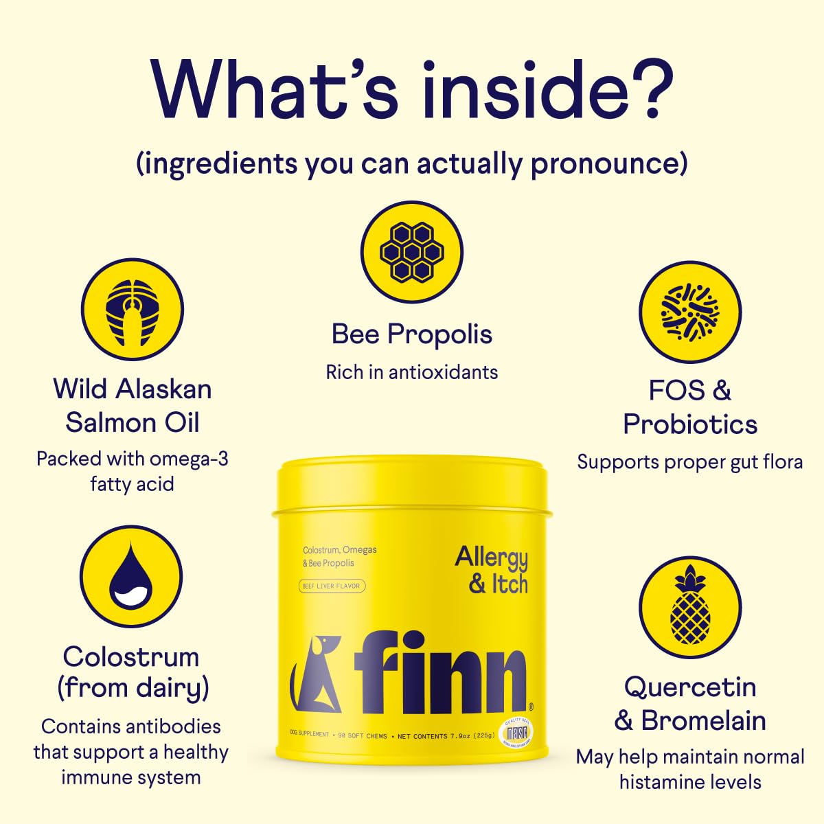 Finn Allergy & Itch Supplement for Dogs  Supports Seasonal Allergies & Immune Response  Wild Alaskan Salmon Oil, Bee Propolis &