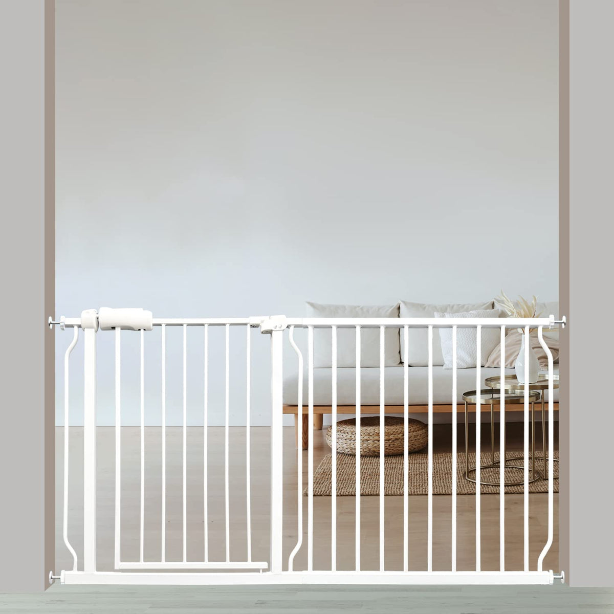 Extra Wide Baby Gate 57.5 To 62.2 Inch Wide Pressure Mounted Auto Close White Metal Child Dog Pet Safety Gates With Walk Through For Stairs,Doorways,Kitchen And Living Room