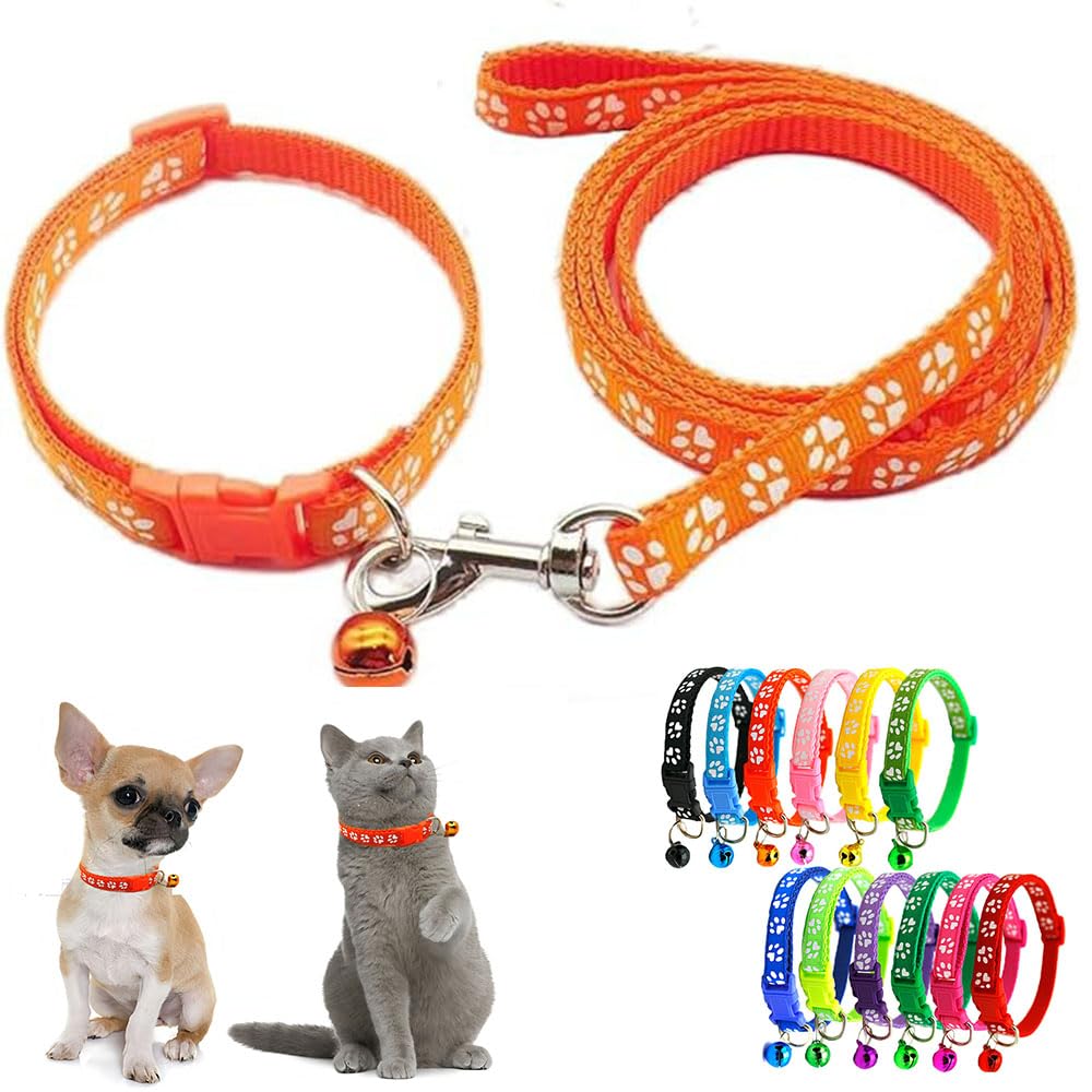 Orange Small Dog Collar With Bell Leash Set, Nylon Basic Reflective Puppy Collars Paw Print For Boy Girls Xxs Xs S Cat Pet Anima