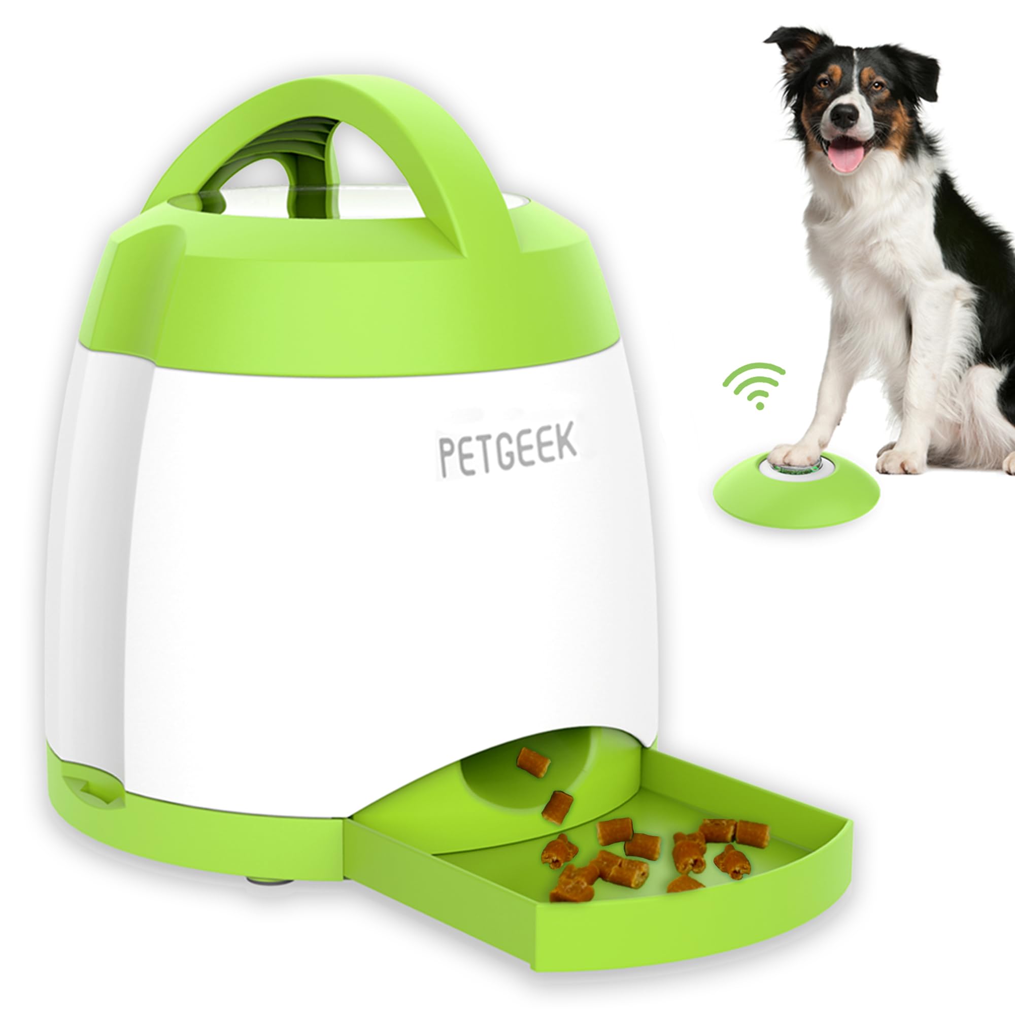 PETgEEK Treat Dispenser Dog Toys, Automatic Pet Feeder with Dual Power Supply and Remote control, Dog Puzzle Toys and Interactiv