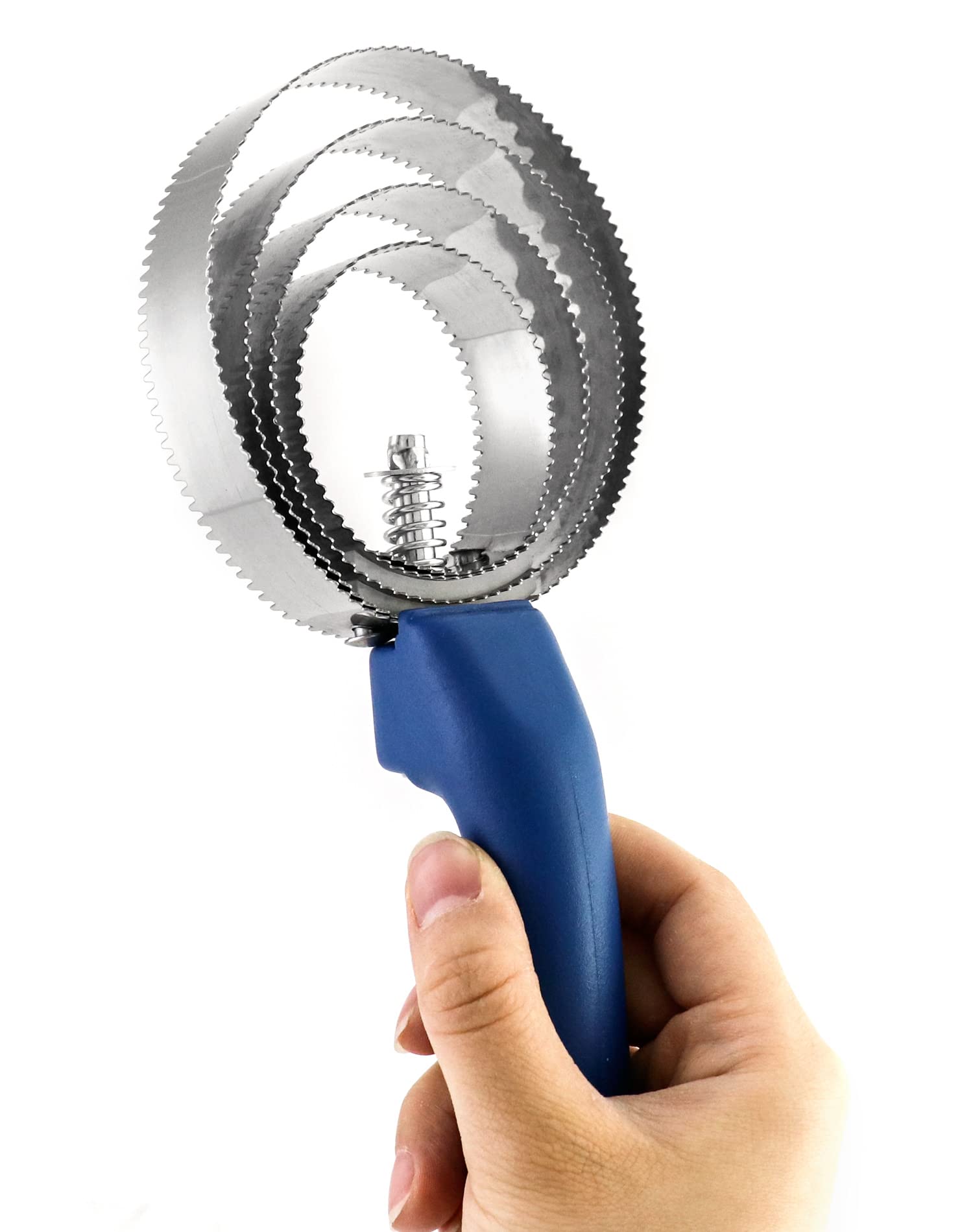 Qwork Double Sided Curry Comb, 2 Pack 4 Rings Stainless Steel Curry Comb With Soft Touch Grip, Blue