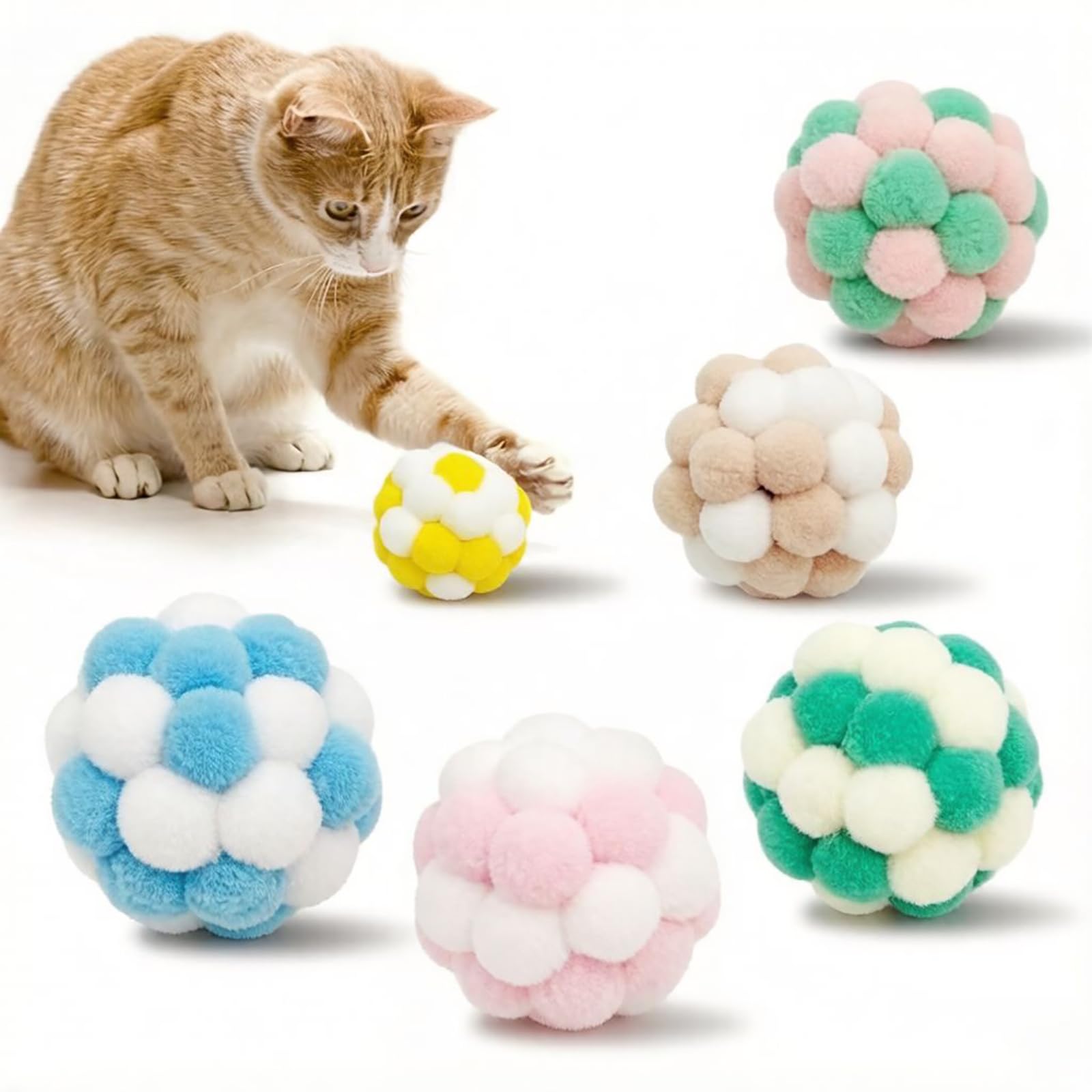 Ffzdena 6Piece Cat Balls Plush Pom Pom Toys With BuiltIn Bell