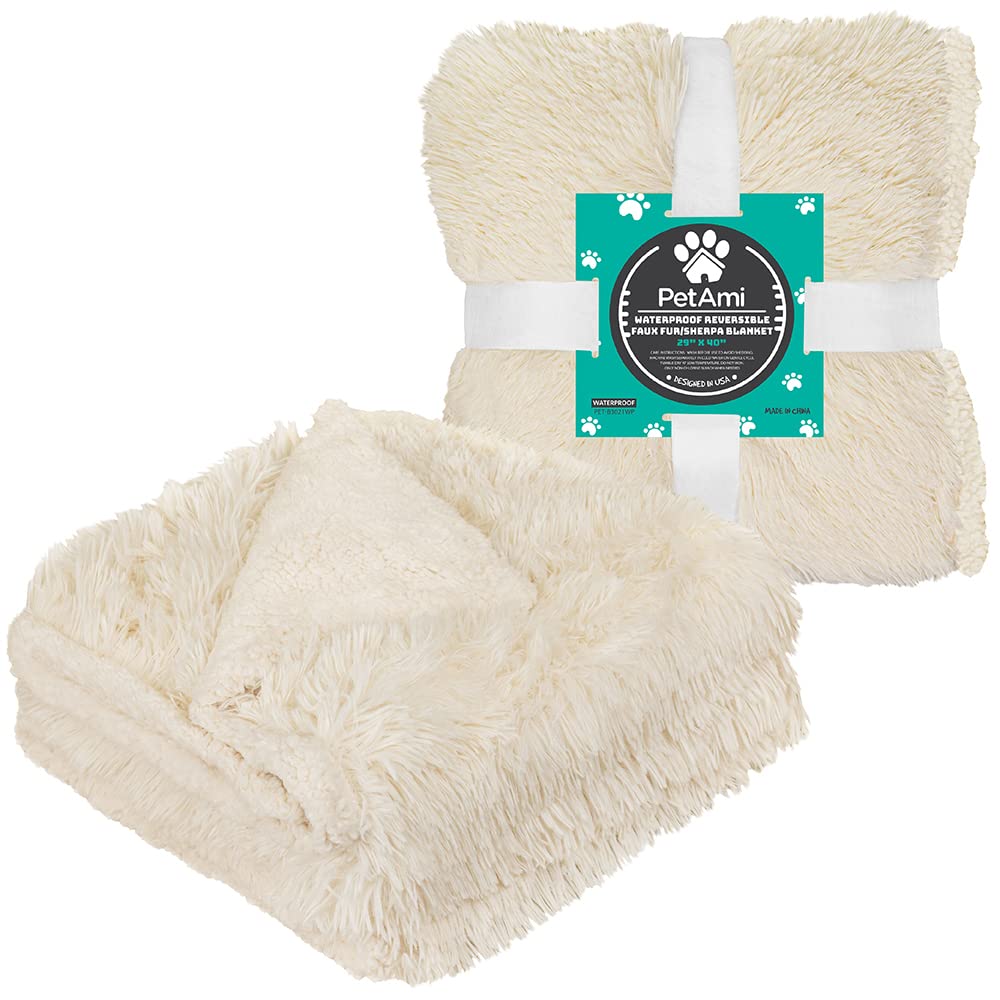 Petami Waterproof Dog Blanket For Small Medium Dogs, Calming Fleece Cat Blanket, Couch Protector Washable Sherpa Faux Fur Pet Throw For Puppy, Soft Reversible 29X40 Cream Beige