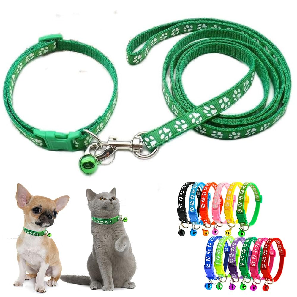 Green Dog Collar With Bell Leash Set, Nylon Basic Reflective Small Dog Collar Boy Paw Print For Xxs Xs S Dog Kitten Pet Animal T