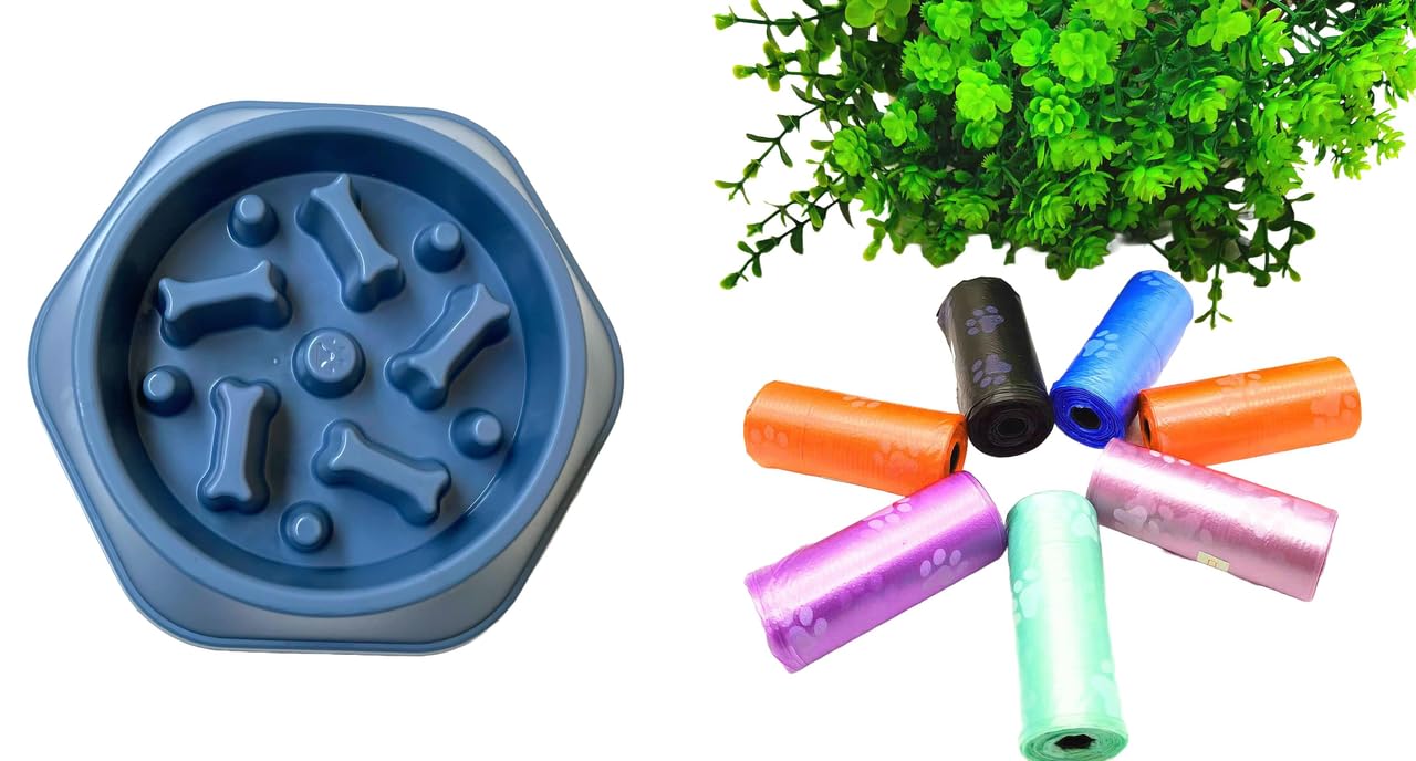 Urban Pet Gallery Pet Bowl, Feeding Bowl, Dog Bowl, Slow Eating Bowl For Dogs And Cats, Non Slip (Blue) And Pet Waste Trash Bags