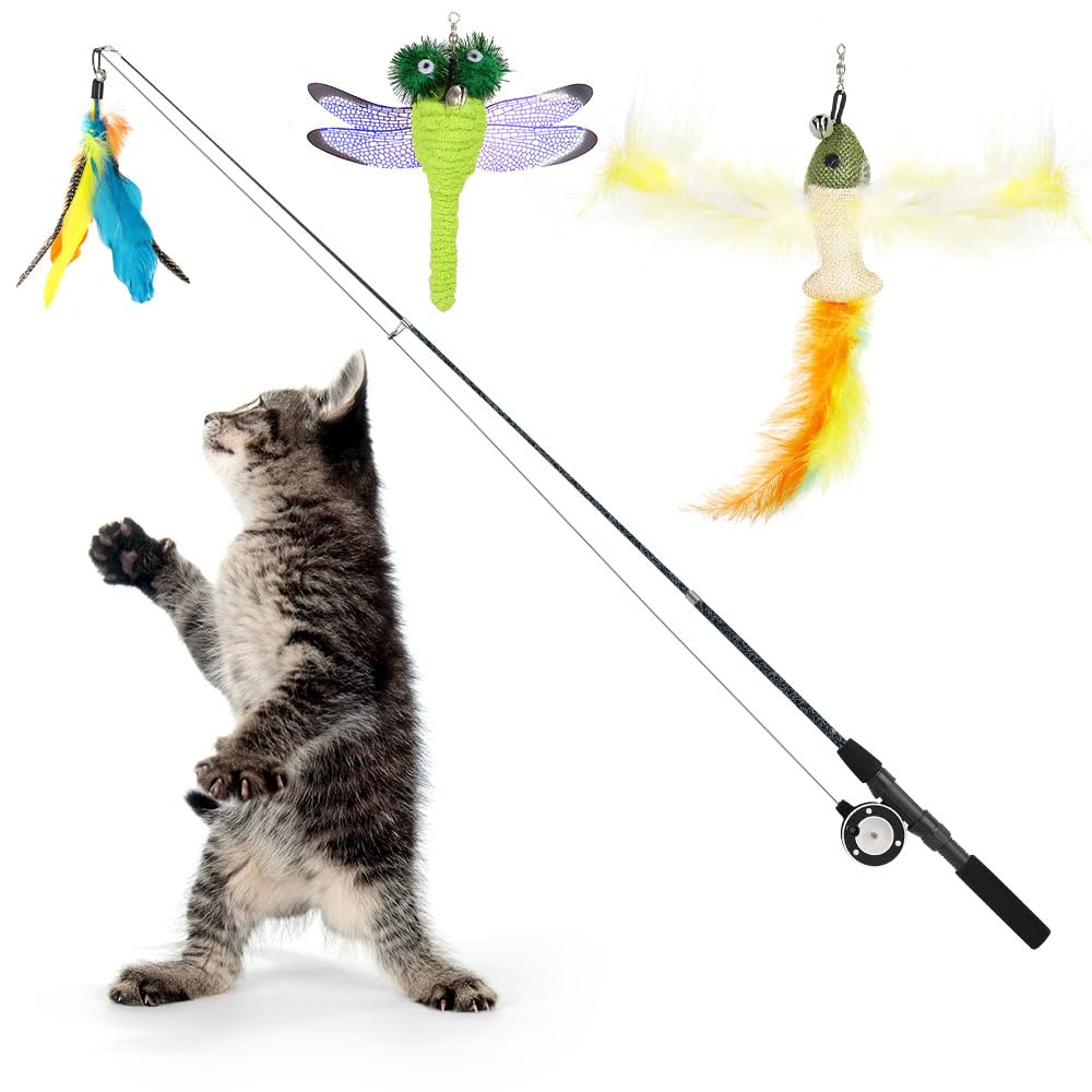 Pawaboo Cat Feather Toys, 4 Pack Interactive Cat Feather Teaser Wand Toys, Retractable Fishing Pole Wand Catcher Exerciser With 