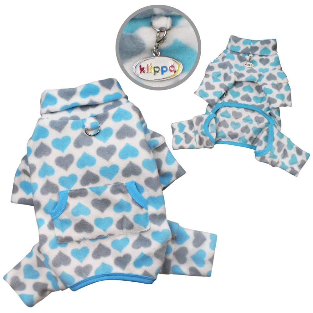 Klippo Dog/Puppy Blue & Grey Hearts Fleece Turtleneck Pajamas/Bodysuit/Loungewear/Coverall/Jumper/Romper For Small Breeds (Xl)