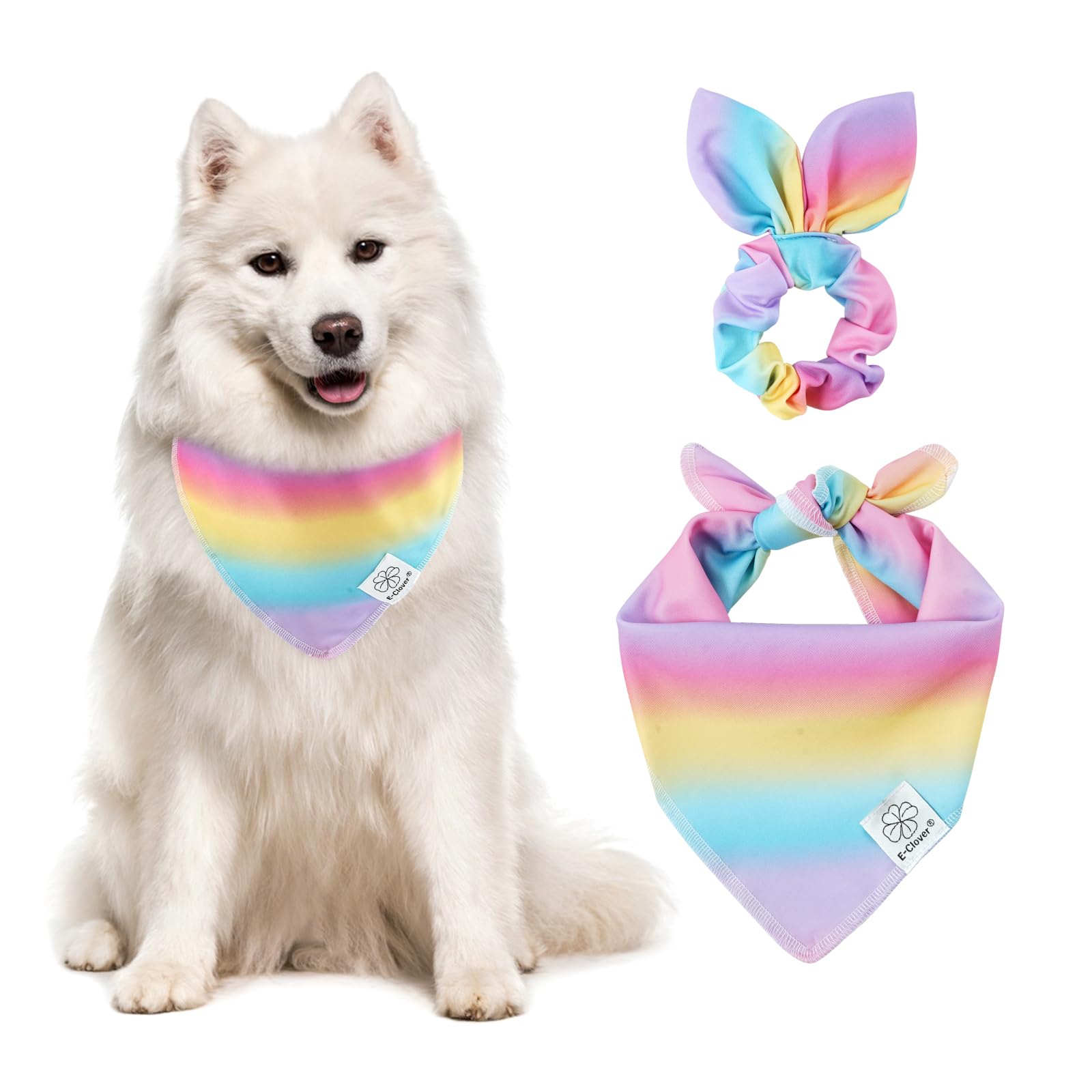 E-Clover Rainbow Dog Bandana & Matching Scrunchie Pink Purple Yellow Pet Dog Scarf Cute Dog Costumes Accessories For Small Mediu
