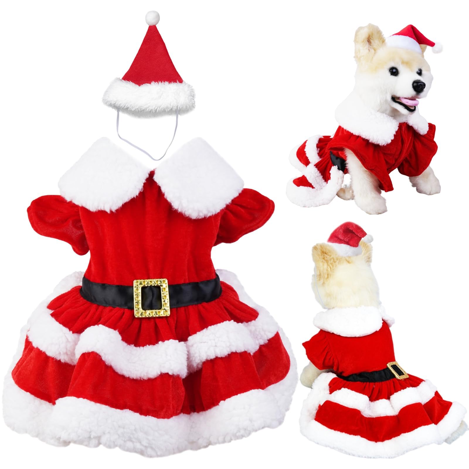 Dog Christmas Dress Puppy Outfit Shoulder Sleeve Clothes With 1 Hat Accessory Cute Red Santa Holiday Polar Fleece Edge Soft Ther