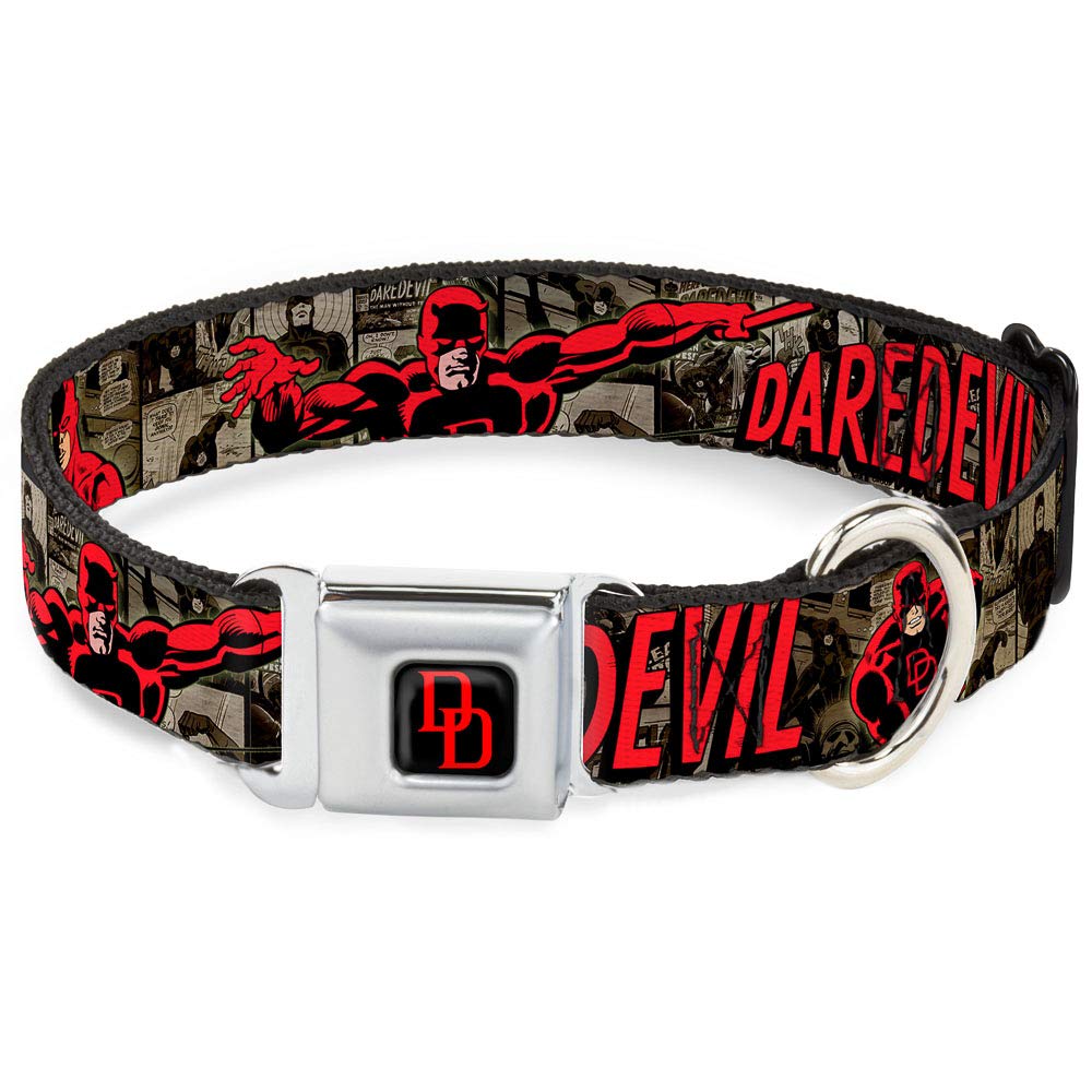 Buckle-Down Seatbelt Buckle Dog Collar - Daredevil Action Poses/Comic Panels Grays/Red - 1'' Wide - Fits 9-15'' Neck - Small